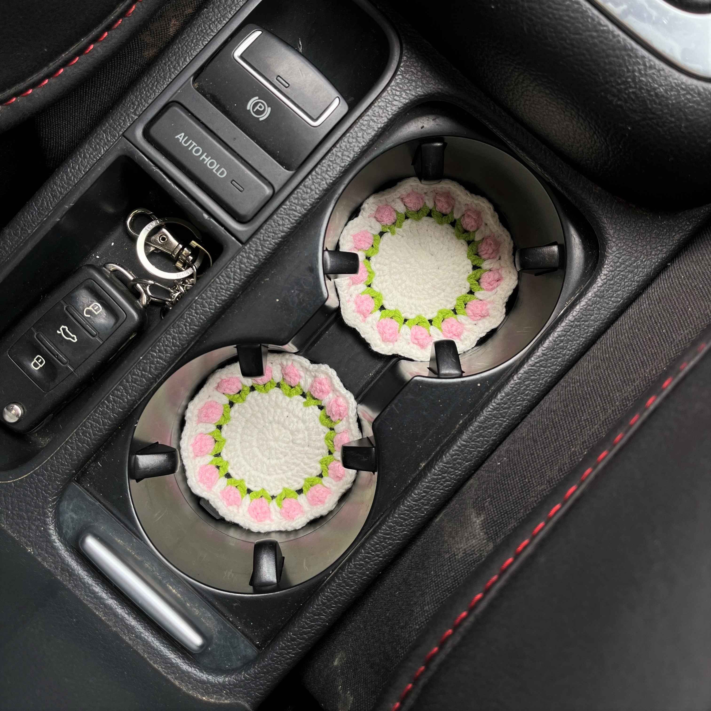 Set of 2 Crochet Car Drink Coaster- Strawberry & Tulip