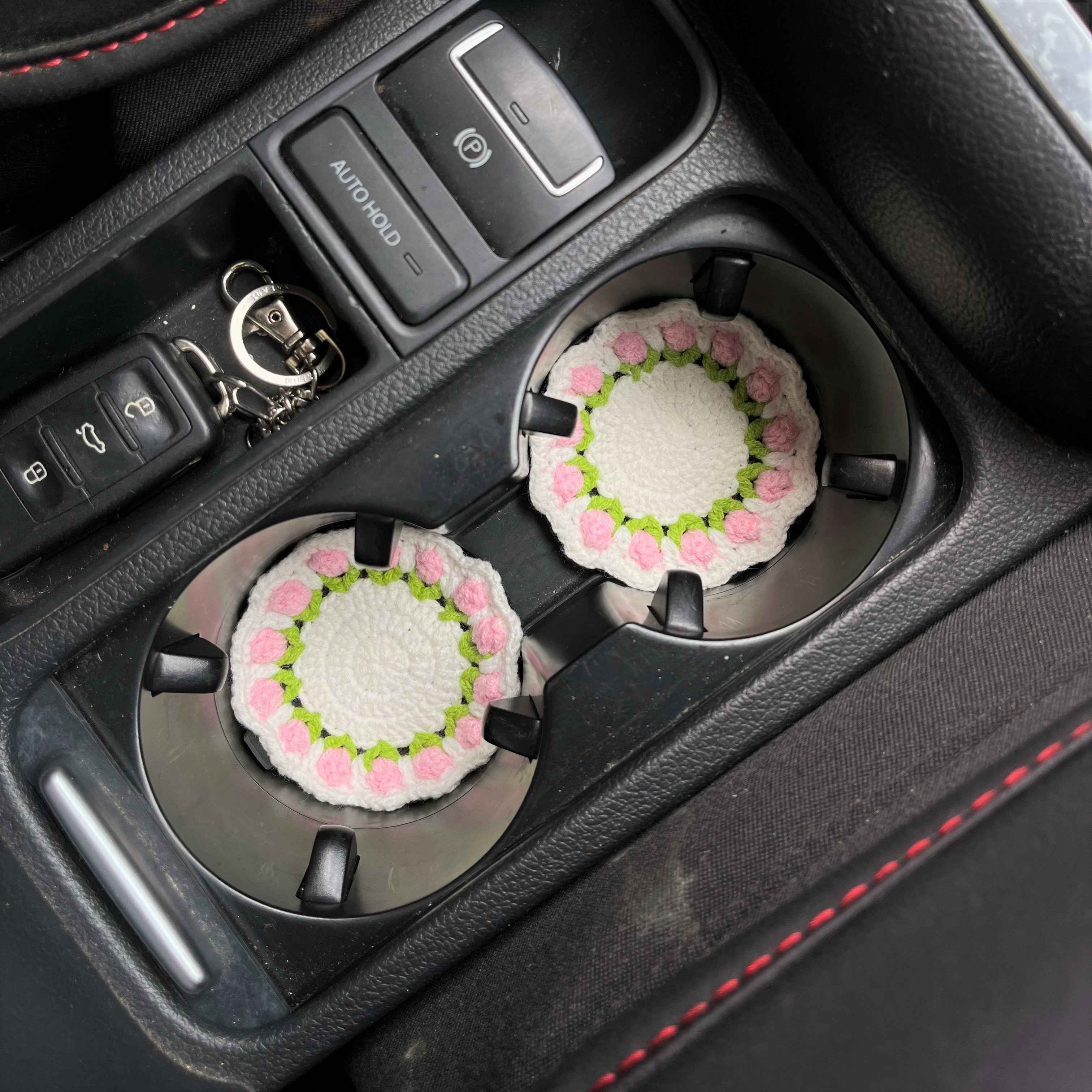Set of 2 Crochet Car Drink Coaster- Strawberry & Tulip