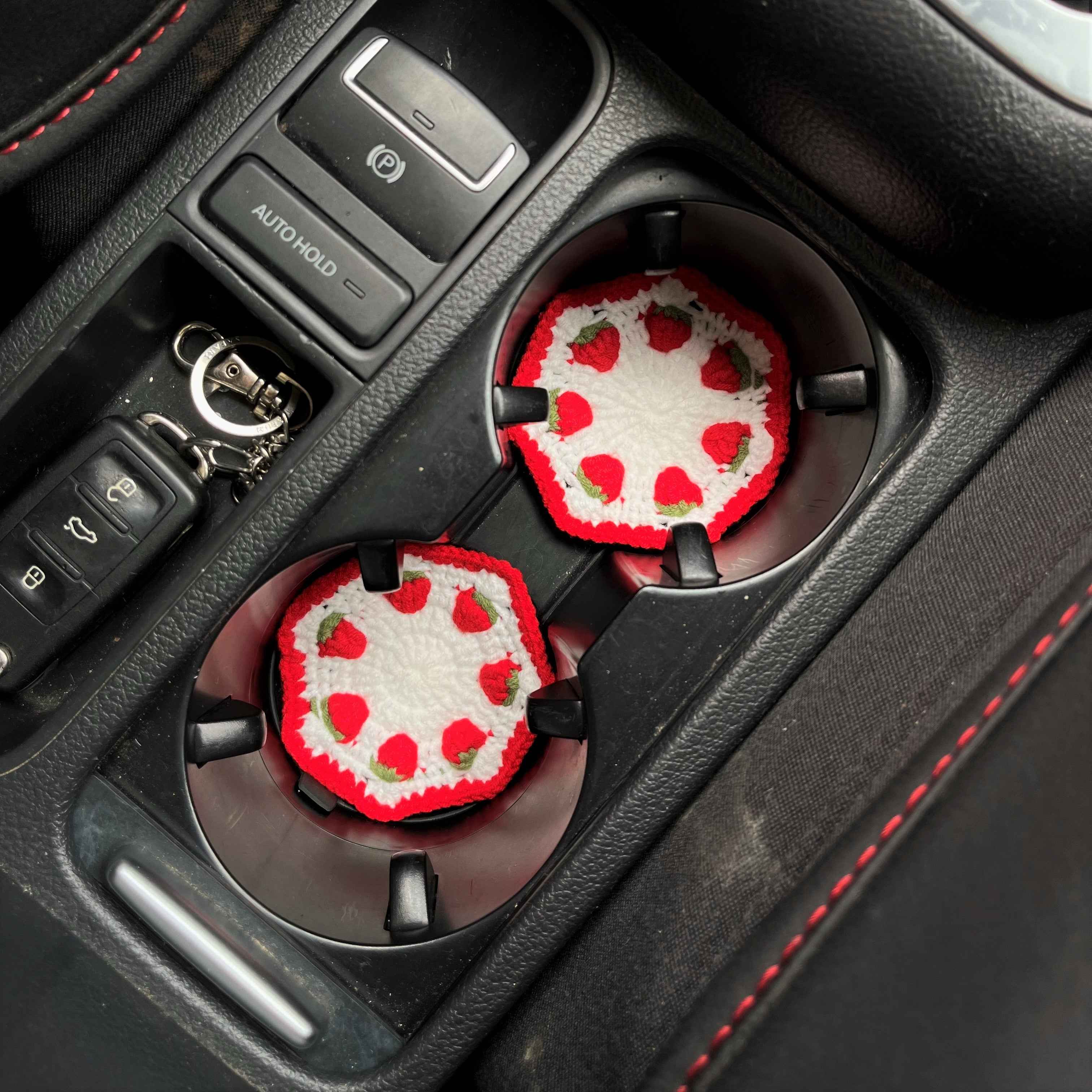 Set of 2 Crochet Car Drink Coaster- Strawberry & Tulip