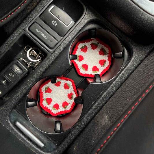 Set of 2 Crochet Car Drink Coaster- Strawberry & Tulip