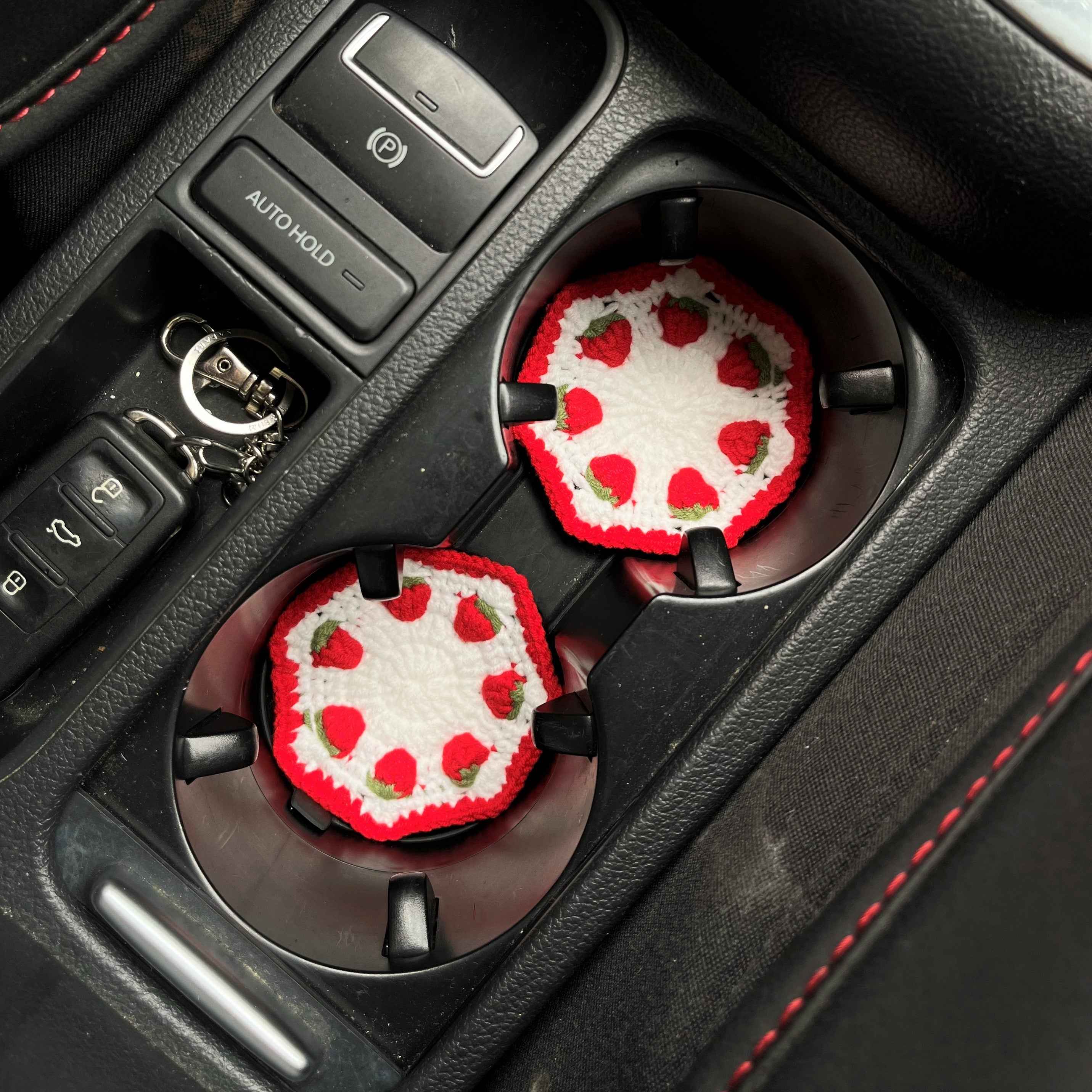 Set of 2 Crochet Car Drink Coaster- Strawberry & Tulip