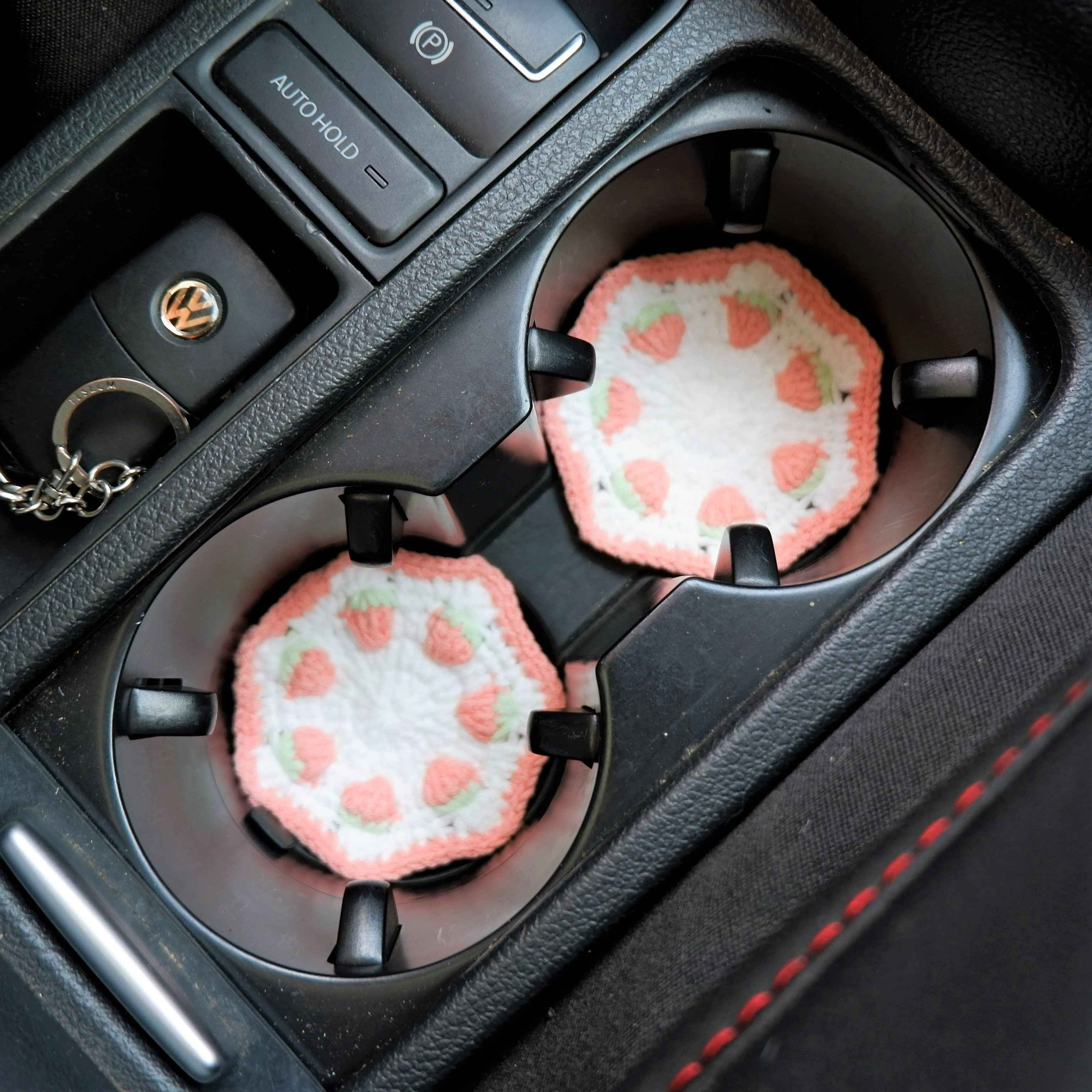 Set of 2 Crochet Car Drink Coaster- Strawberry & Tulip