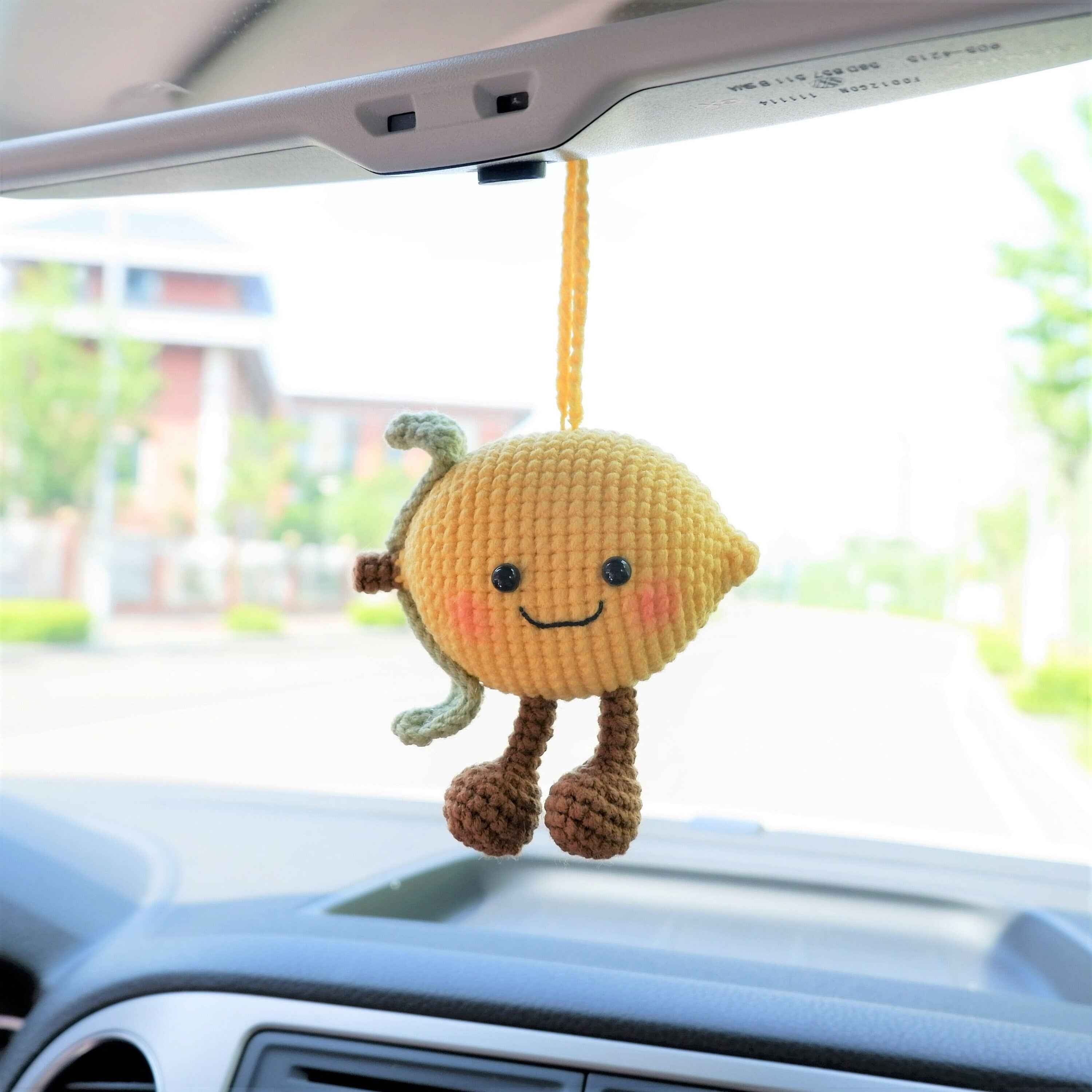 Crochet Lemon Doll Car Mirror Hanging Accessory, Smiley Lemon Car Rear View Mirror Accessory, Anime Car Interior Accessory for Women/Teens