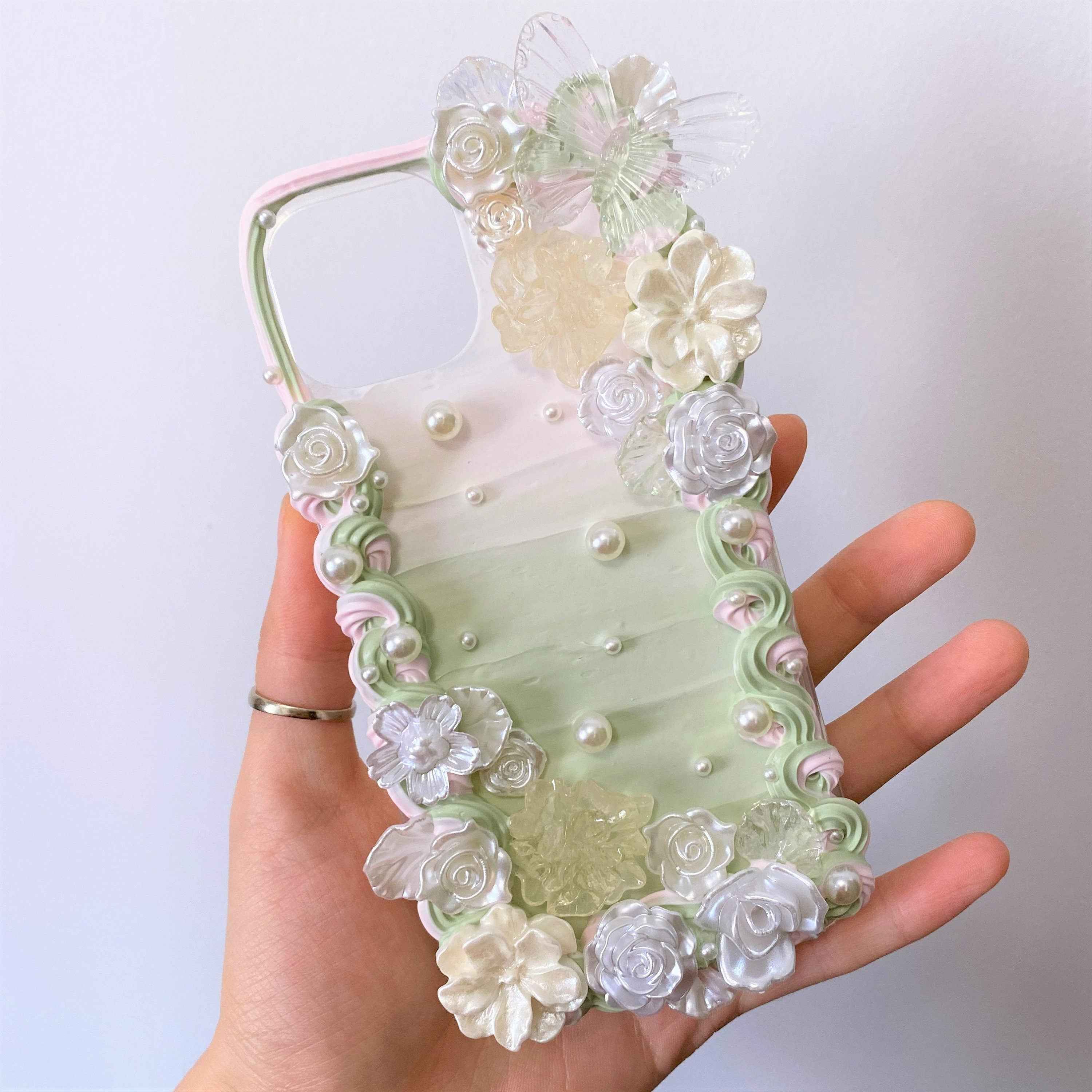 Custom Decoden Phone Case Butterfly & Rose & Pearl