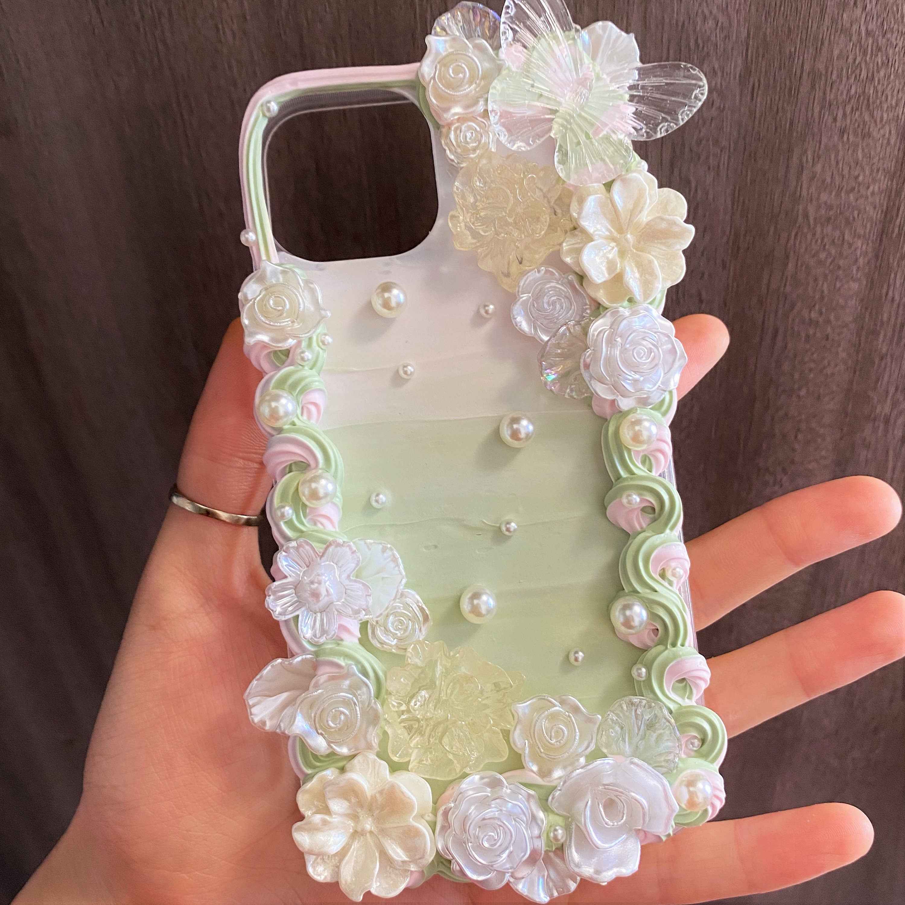 Custom Decoden Phone Case Butterfly & Rose & Pearl