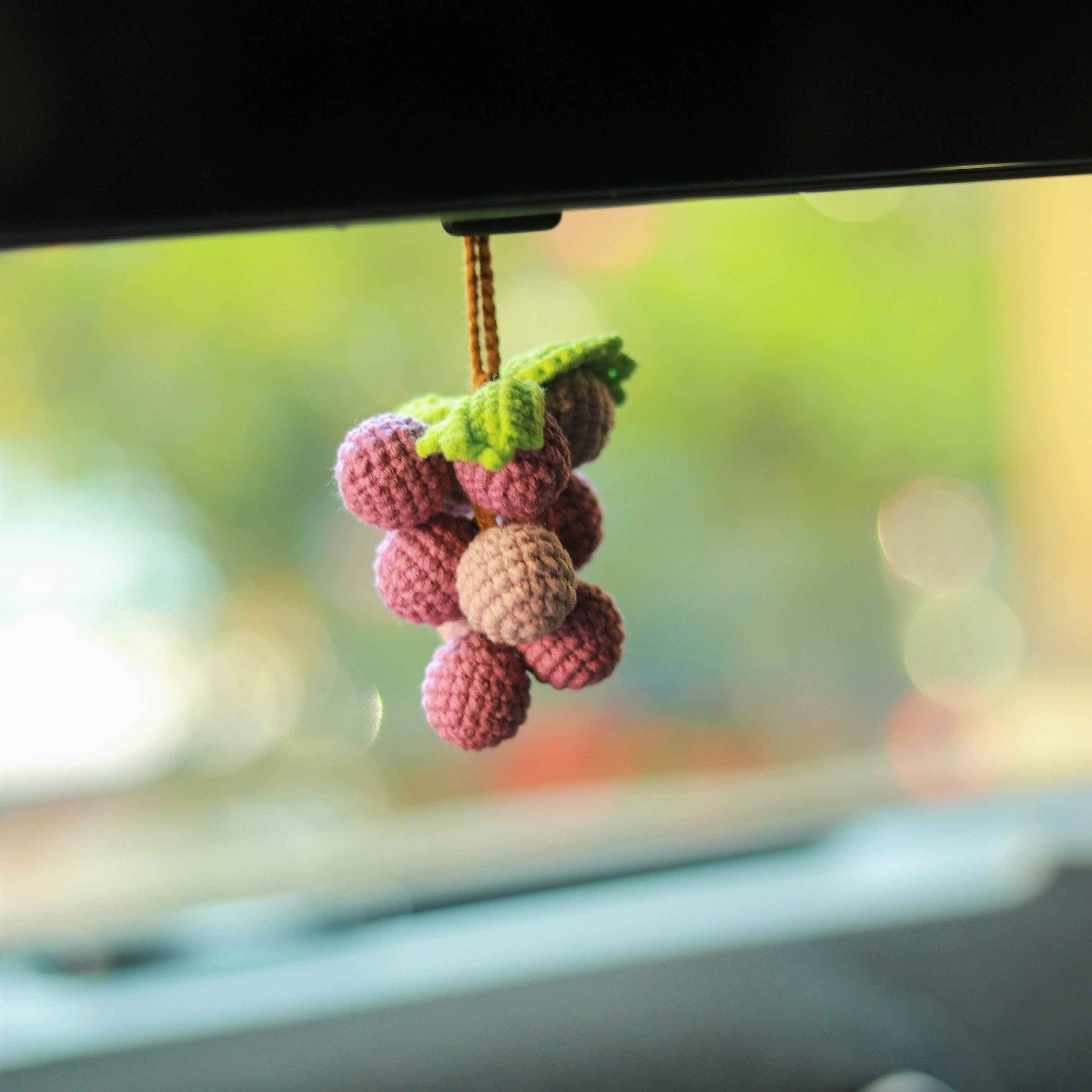 Grape Car Mirror Hanging Accessories, Crochet Purple Grapes Car Rear View Mirror Accessory, Car Mirror Charm Hanging Decor, Gifts for Her