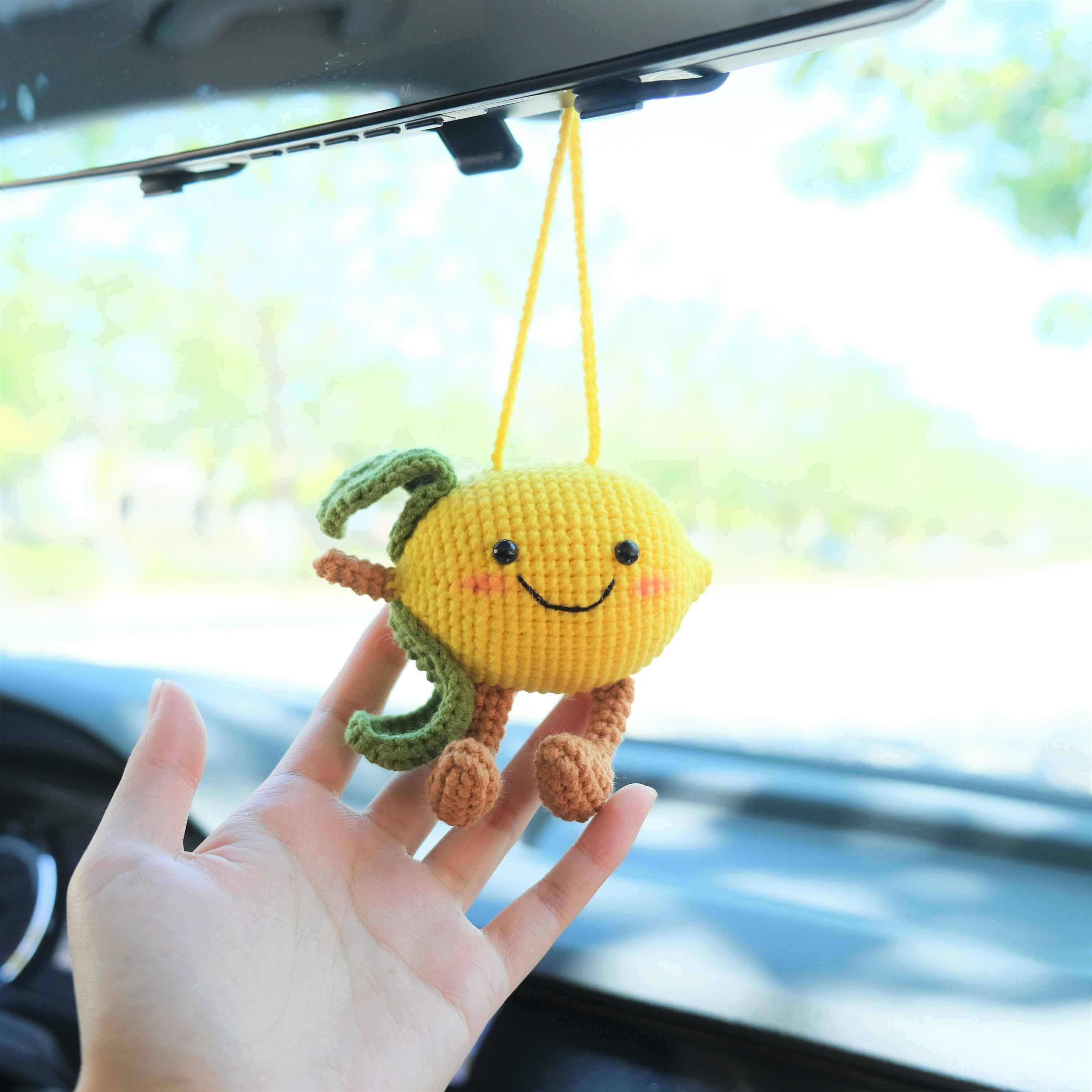 Crochet Lemon Doll Car Mirror Hanging Accessory, Smiley Lemon Car Rear View Mirror Accessory, Anime Car Interior Accessory for Women/Teens