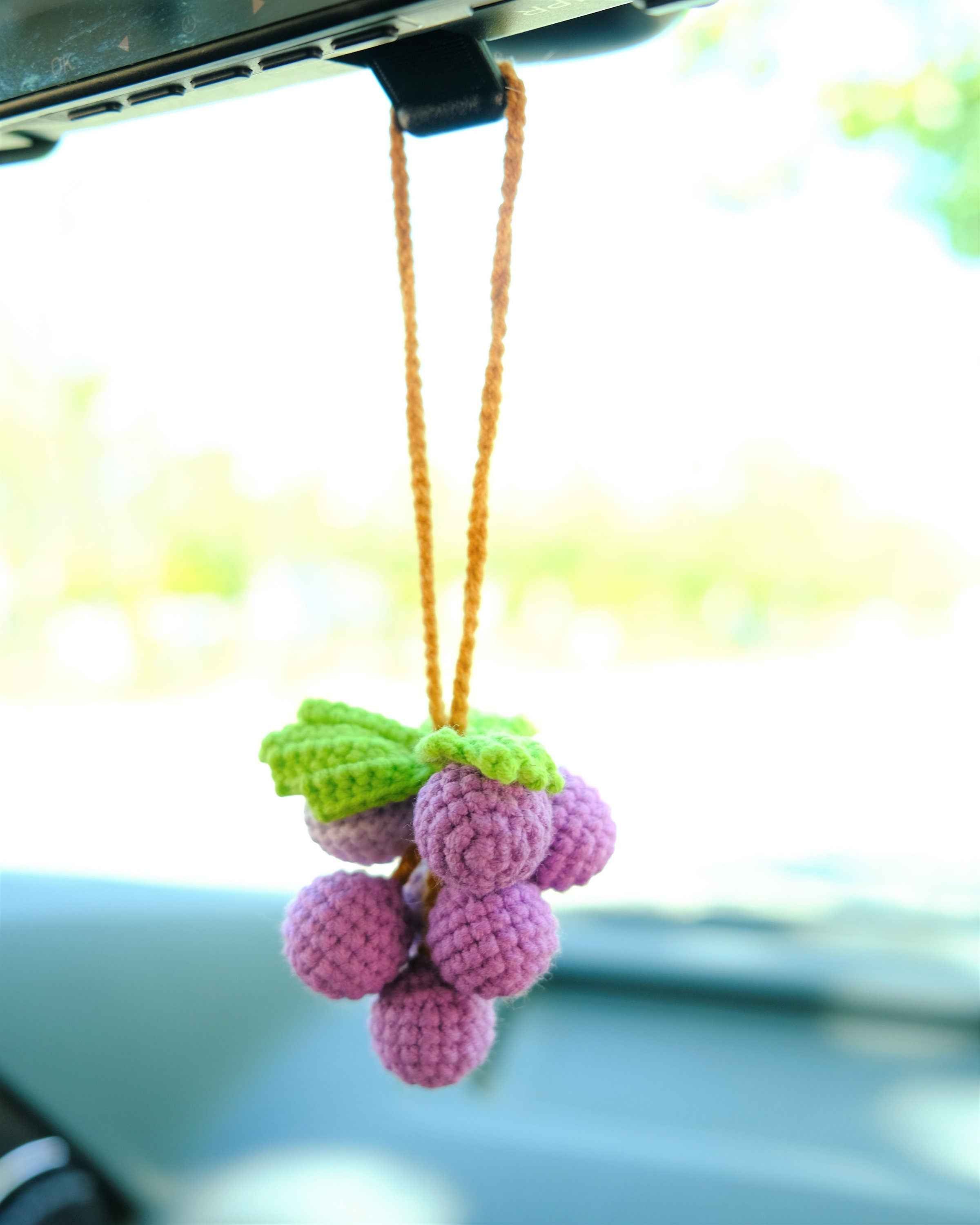 Grape Car Mirror Hanging Accessories, Crochet Purple Grapes Car Rear View Mirror Accessory, Car Mirror Charm Hanging Decor, Gifts for Her