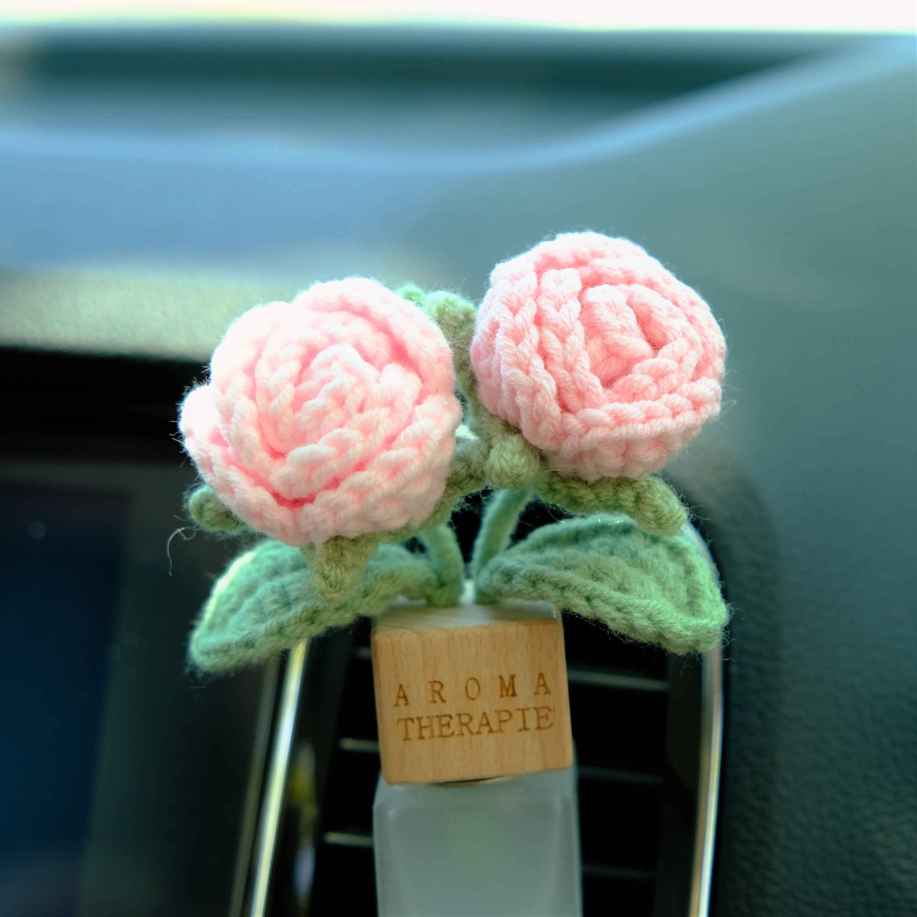Crochet Roses Car Diffuser, Car Plant Vent Clip, Car Air Freshener, Flower Car Diffuser Bottle, Cute Car Accessories, Pink Car Accessories