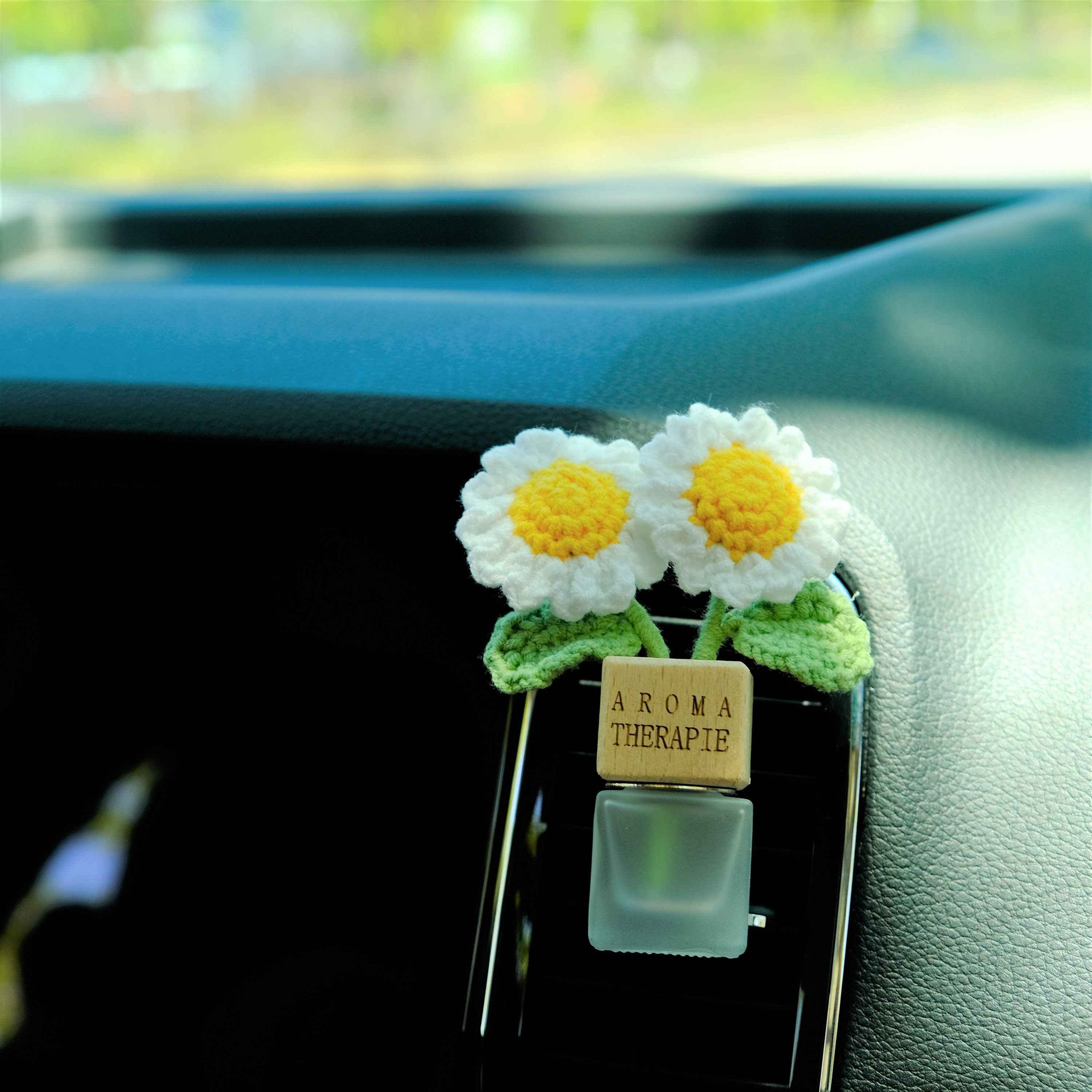 Crochet Daisy Car Diffuser, Car Plant Vent Clip, Car Air Freshener, Flower Car Diffuser Bottle, Boho Car Interior Accessory for Women