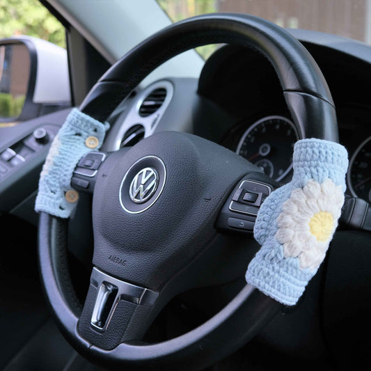 Adjustable Steering Wheel Cover, Crochet Daisy Steering Wheel Cover, Cute Car Interior Accessory for Women, Boho Steering Wheel Cover