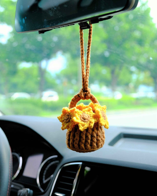 Crochet Sunflower Car Mirror Hanging Accessories, Mini Flower Basket Car Rear View Mirror Accessory, Boho Interior Car Accessory for Women