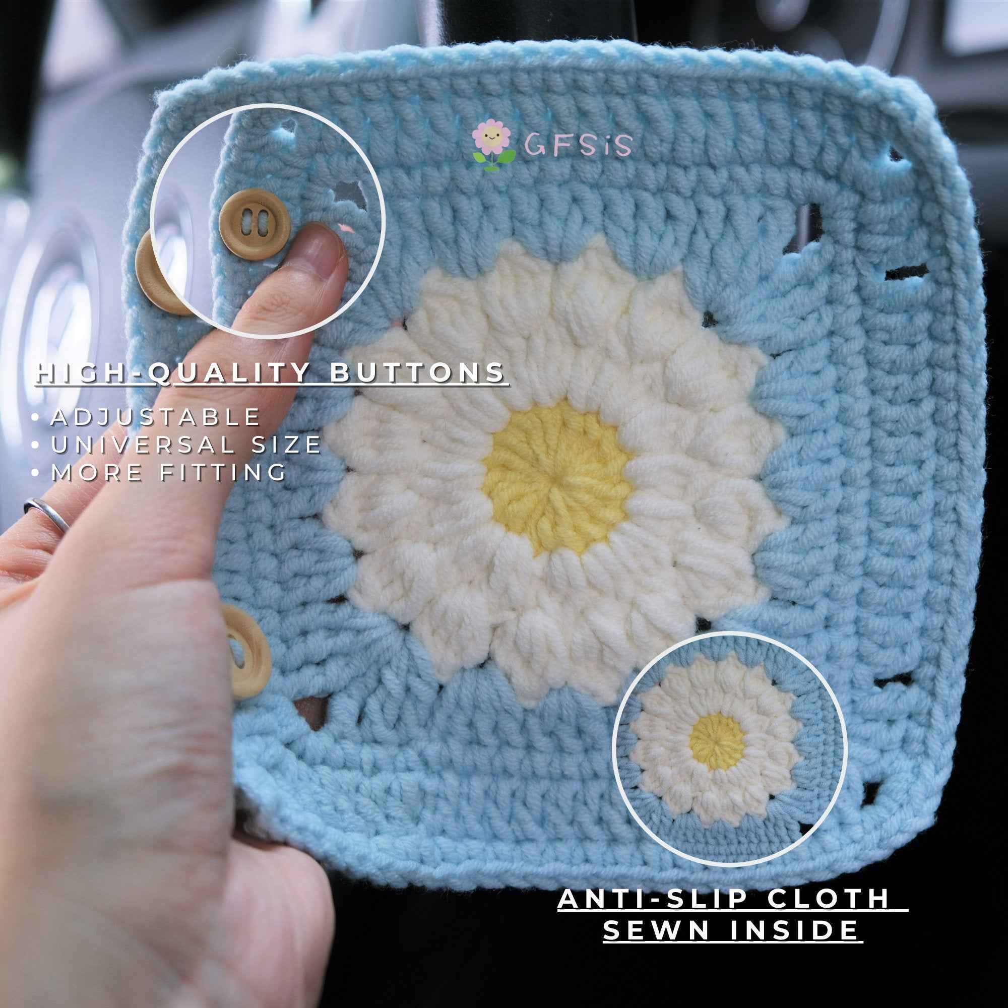 Adjustable Steering Wheel Cover, Crochet Daisy Steering Wheel Cover, Cute Car Interior Accessory for Women, Boho Steering Wheel Cover