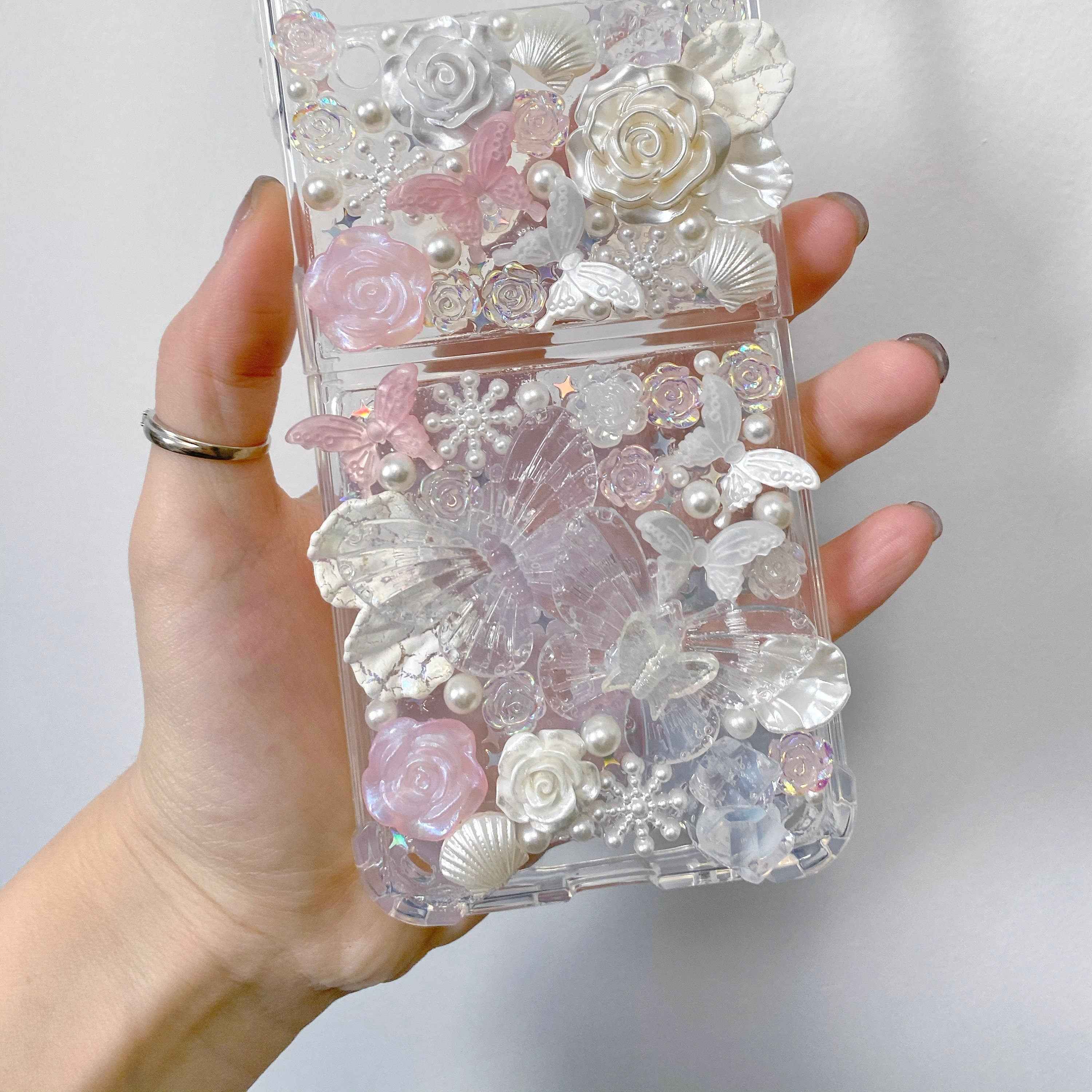 Custom Decoden Phone Case Butterfly & Rose & Pearl