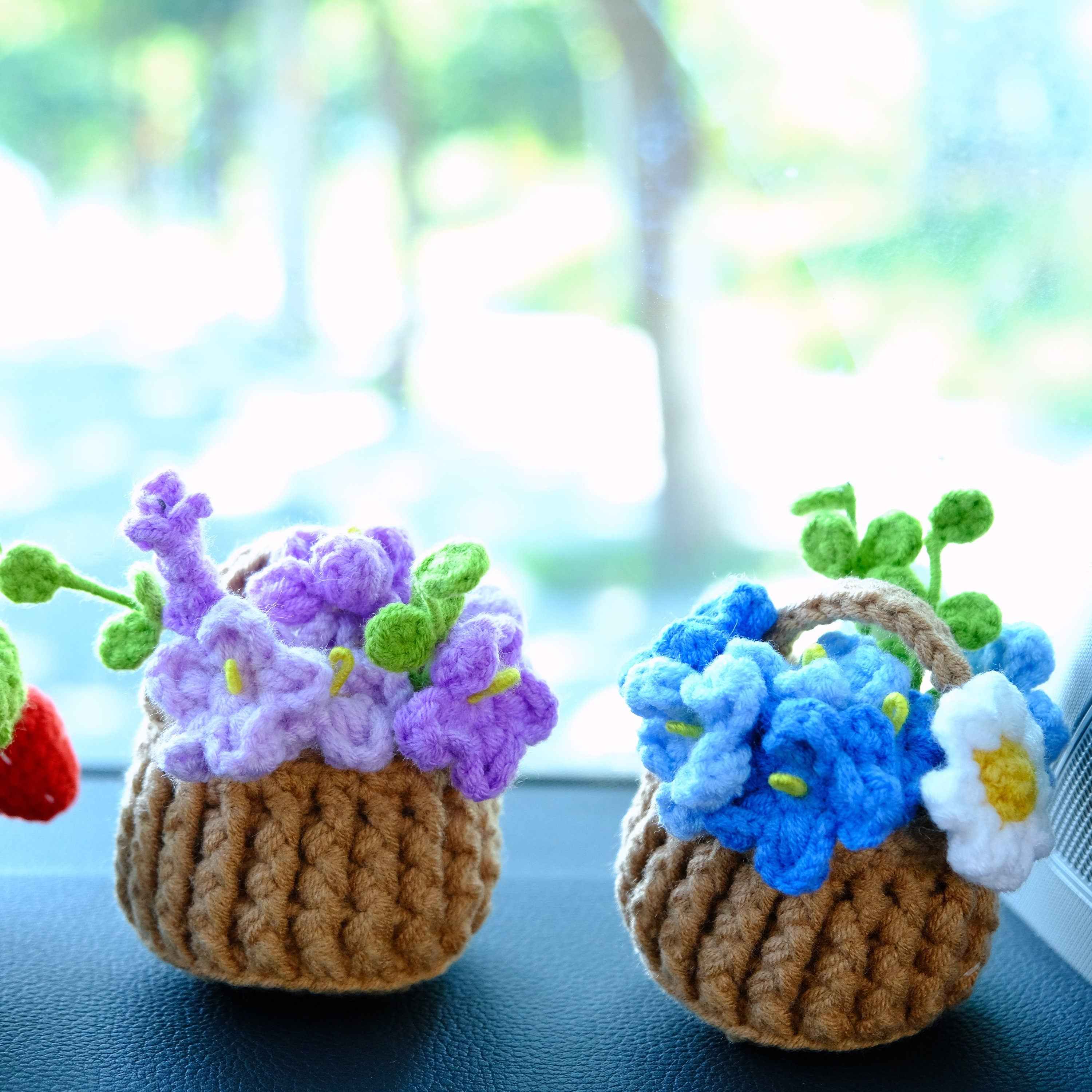 Crochet Strawberry/Daisy/Forget Me Not Car Accessory, Flower Basket Car Dashboard Decor, Boho Car Interior Accessory, Christmas Gift for Her