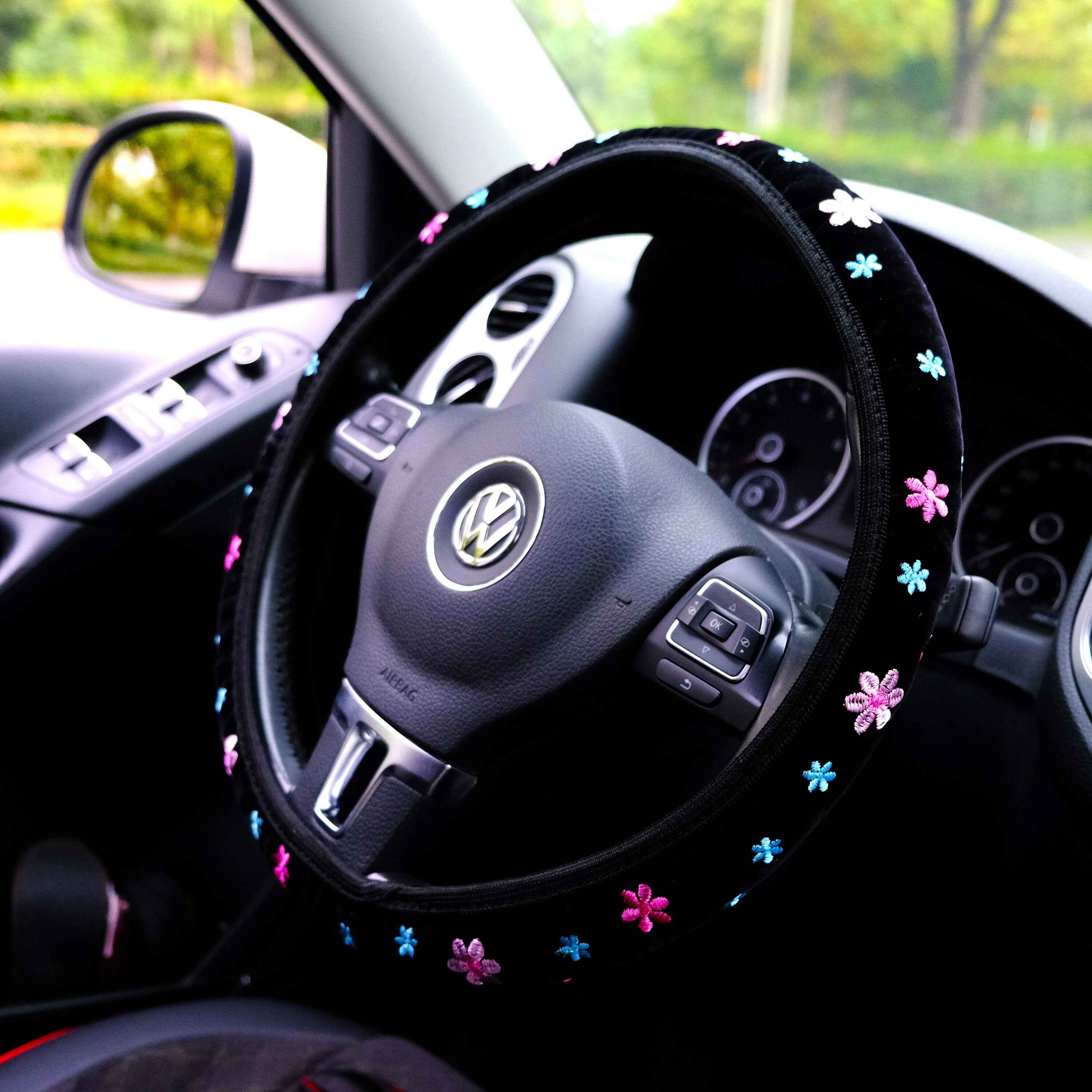 Pink Flower Embroidered Steering Wheel Cover, Elastic Steering Wheel Cover, Boho Steering Wheel Cover for Women, Cute Steering Wheel Cover