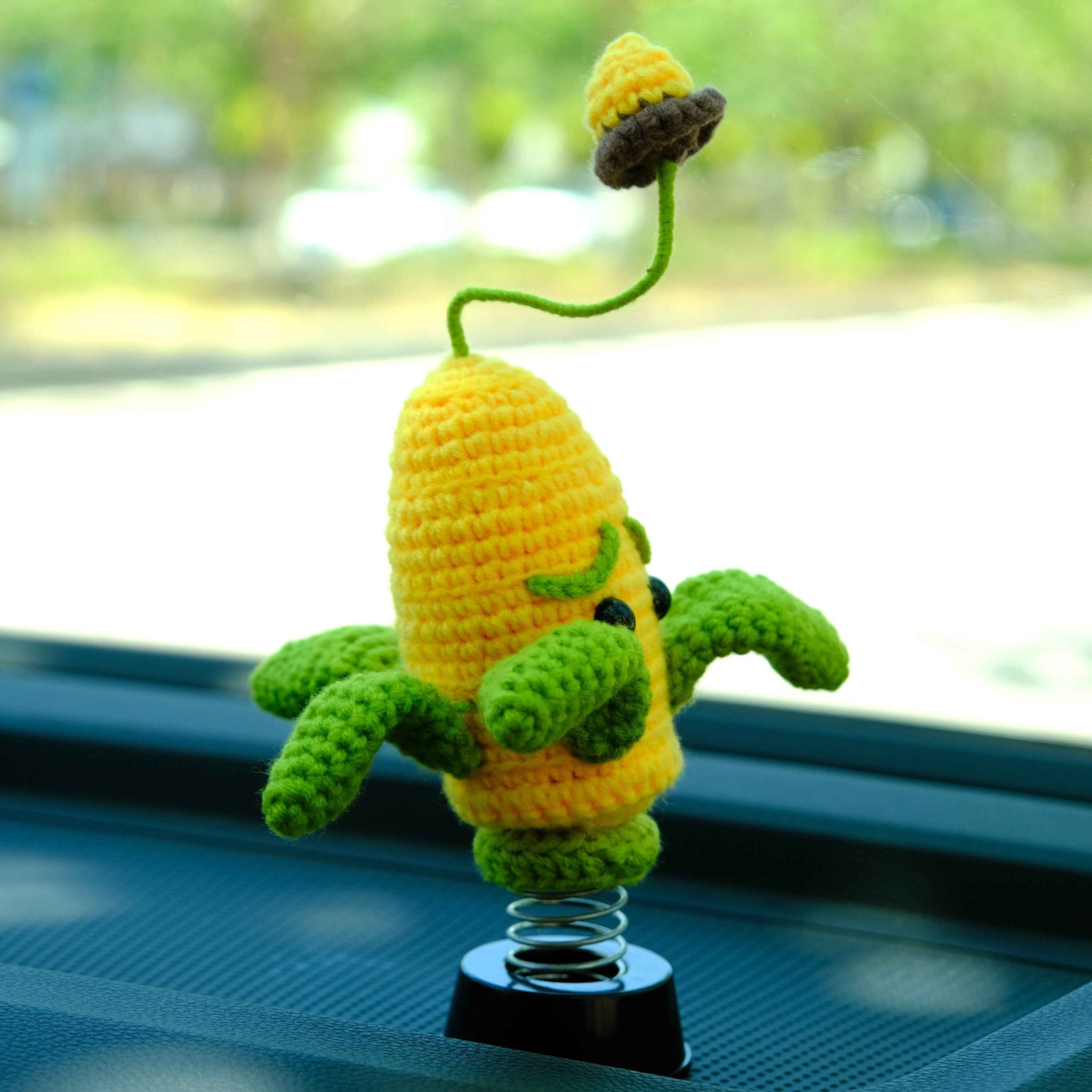 Crochet Corn Shooter Bobblehead Car Accessories, Car Plant Dashboard Decor, Cute Car Interior Accessory for Women/Teens, Car Air Freshener