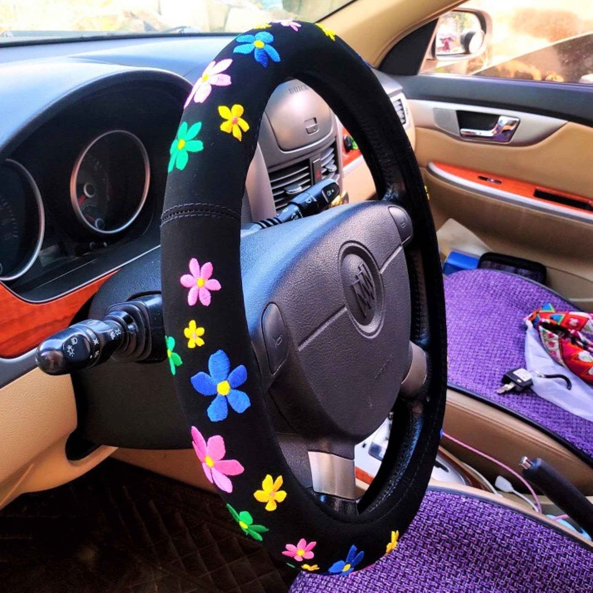Embroidered Flowers Steering Wheel Cover
