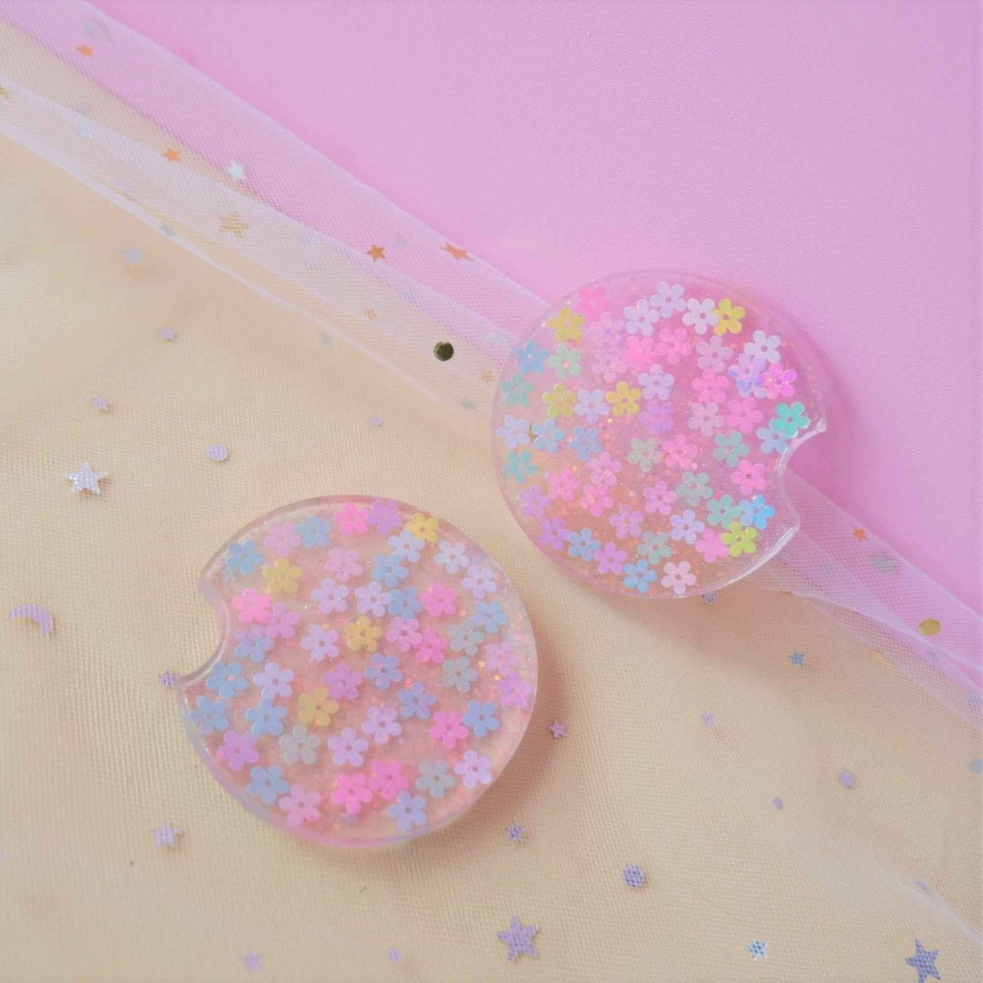 Set of 2 Glitter Car Drink Coasters Daisy & Sakura & Hearts