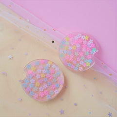 Set of 2 Glitter Car Drink Coasters Daisy & Sakura & Hearts