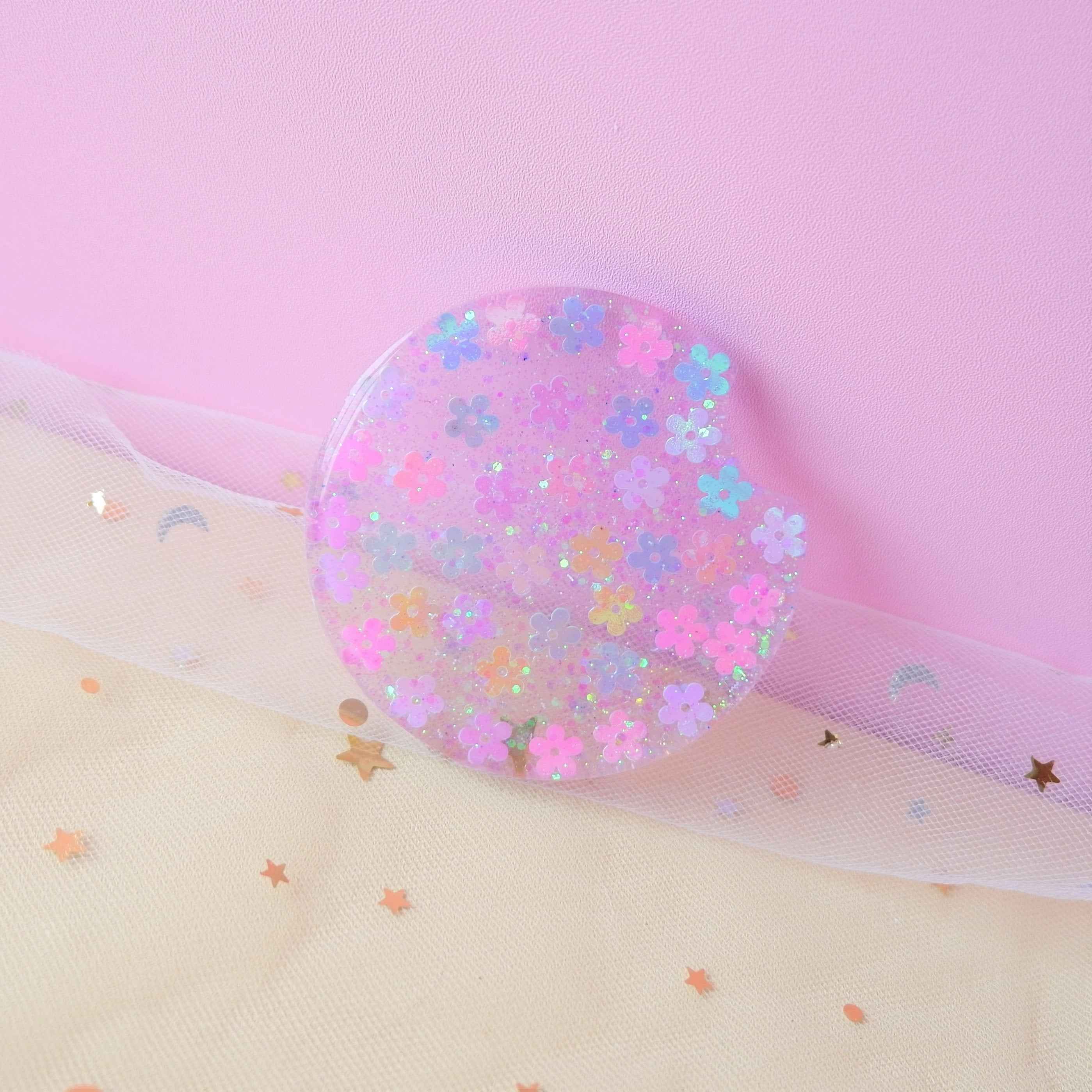 Set of 2 Glitter Car Drink Coasters Daisy & Sakura & Hearts