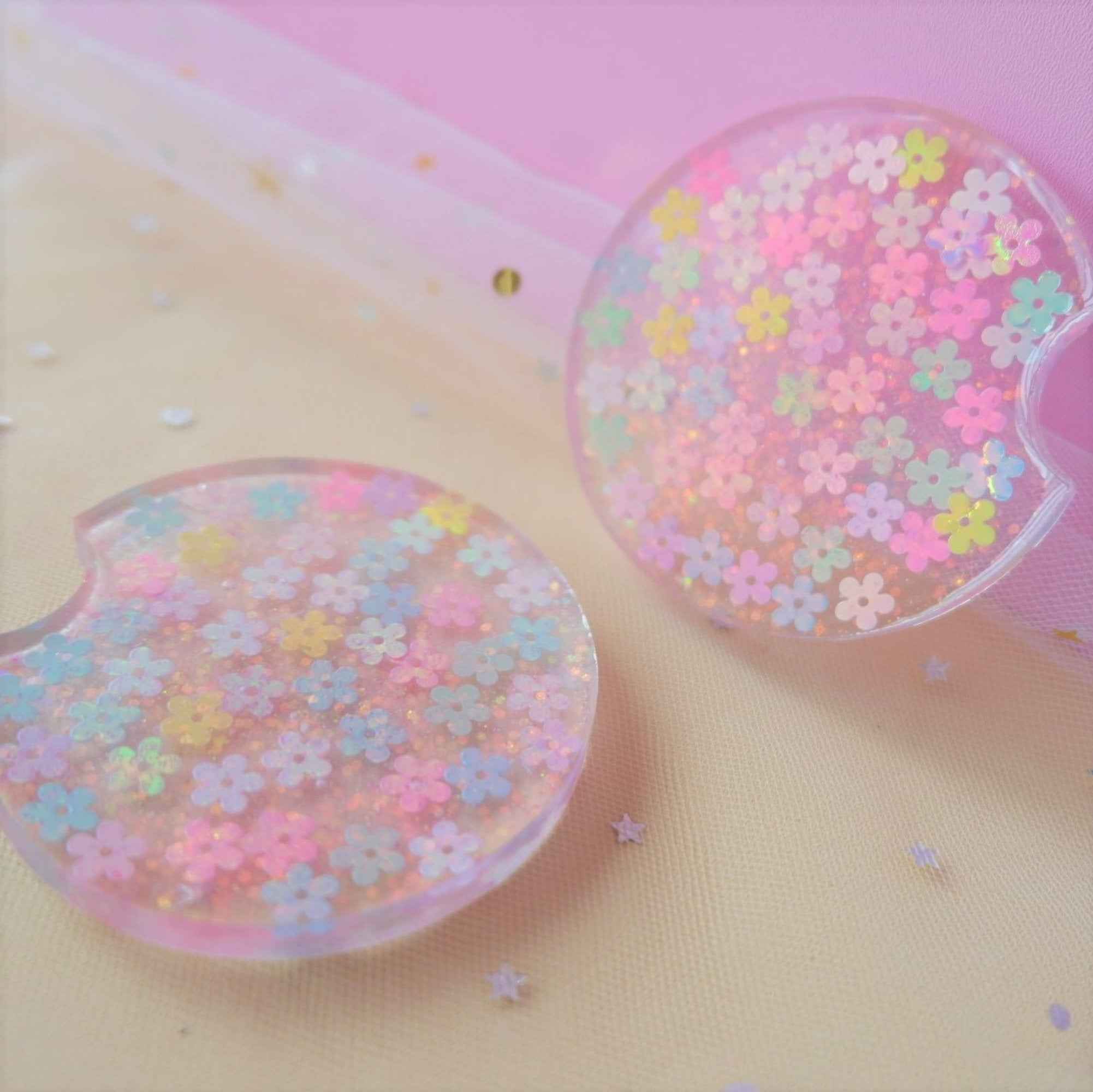 Set of 2 Glitter Car Drink Coasters Daisy & Sakura & Hearts