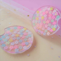 Set of 2 Glitter Car Drink Coasters Daisy & Sakura & Hearts