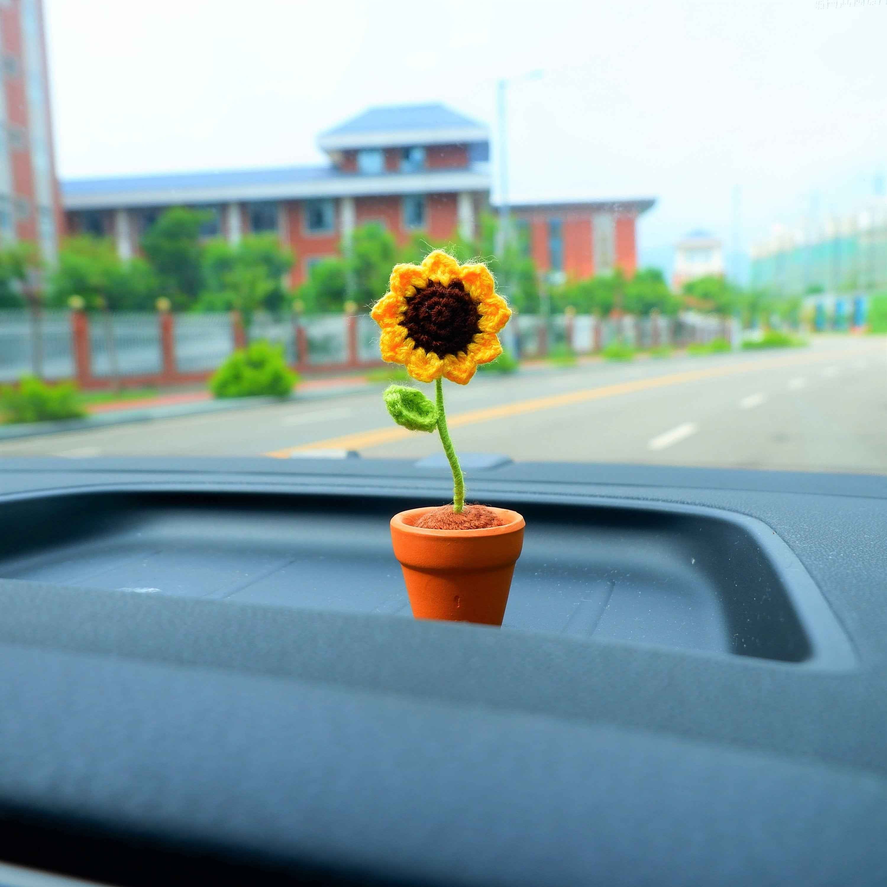 Crochet Mini Sunflower Car Dashboard Accessories- Rainbow/Yellow/Pink