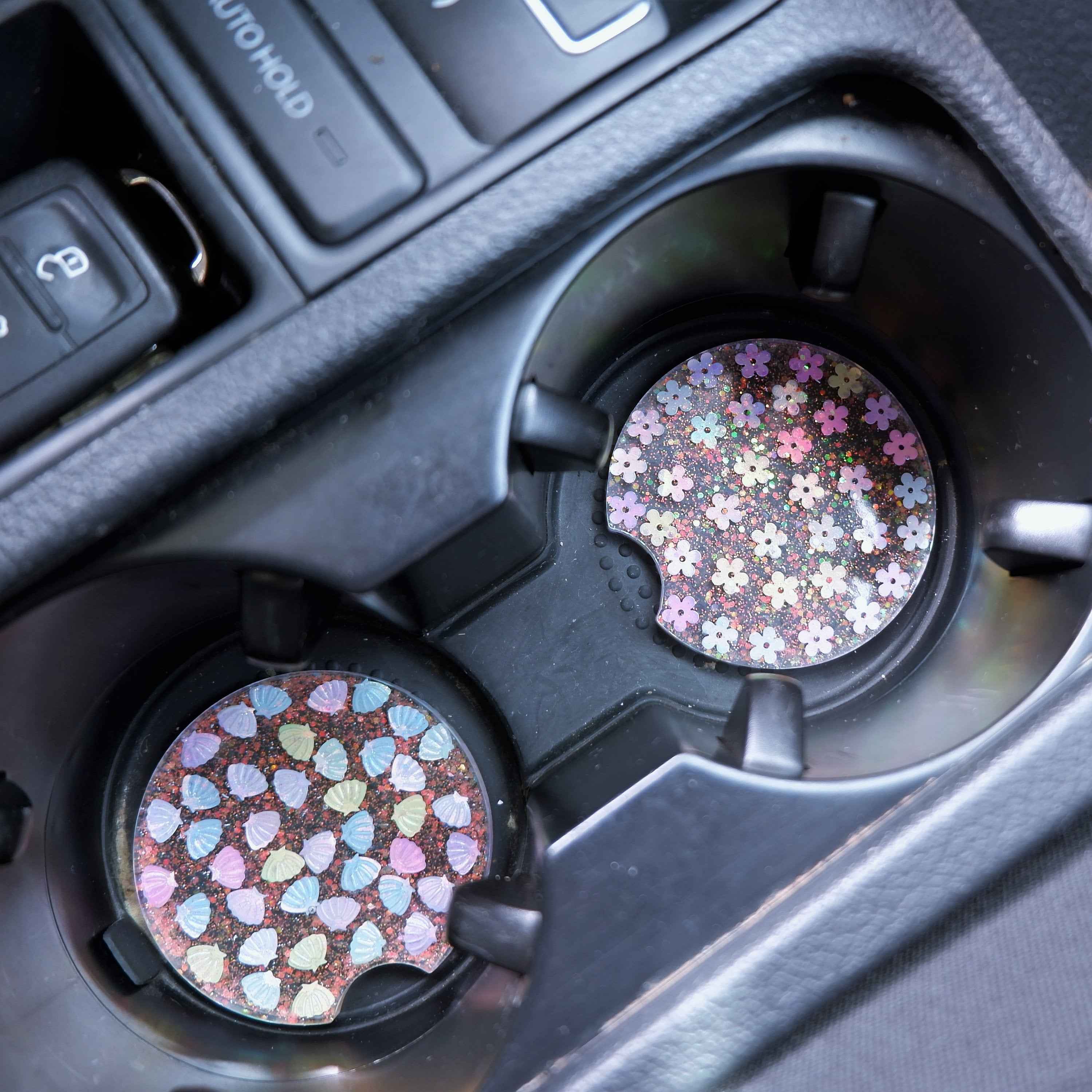 Set of 2 Glitter Car Drink Coasters Daisy & Sakura & Hearts