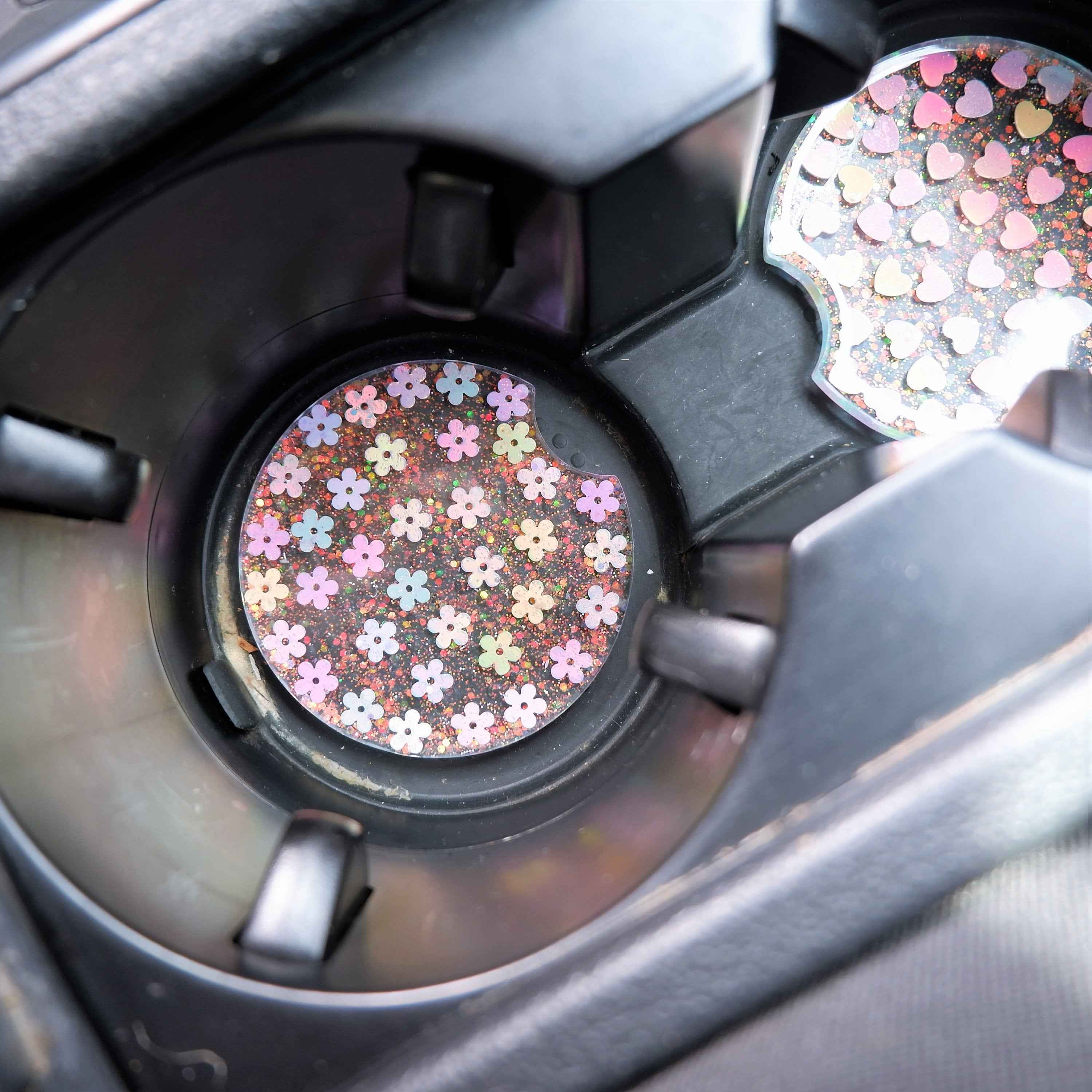 Set of 2 Glitter Car Drink Coasters Daisy & Sakura & Hearts