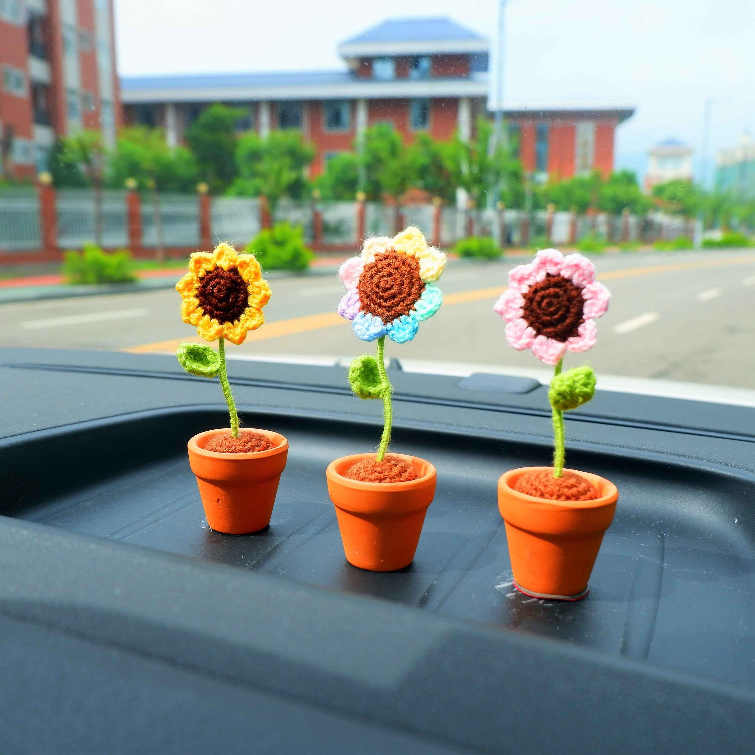 Crochet Mini Sunflower Car Dashboard Accessories- Rainbow/Yellow/Pink