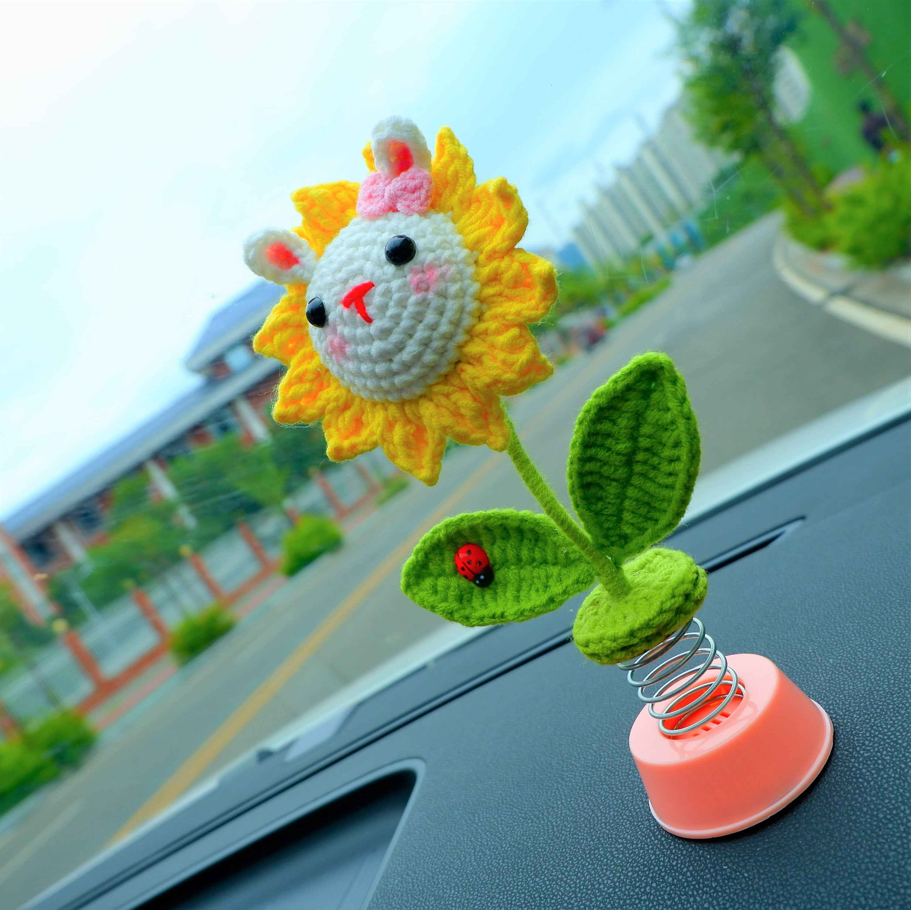 Car Dashboard Decor- Crochet Bunny Sunflower