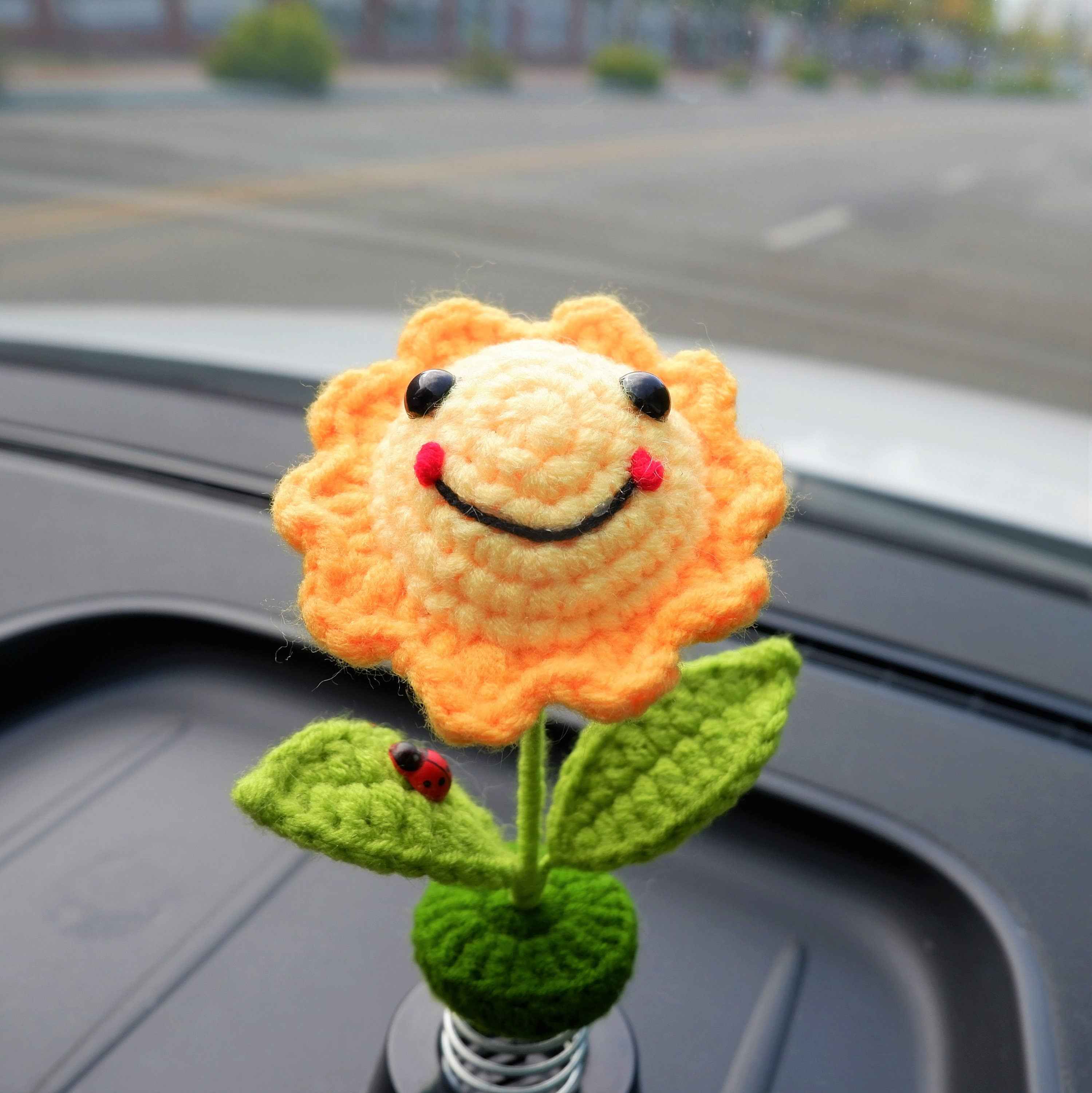 Crochet Bobblehead Car Dashboard Decor- Smiley Sun/Star