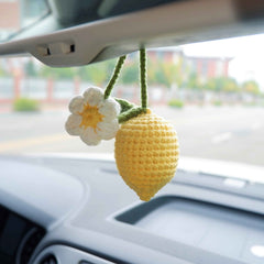 2Pcs Crochet Car Mirror Hanging Accessories- Peach/Lemon/Pineapple Flower