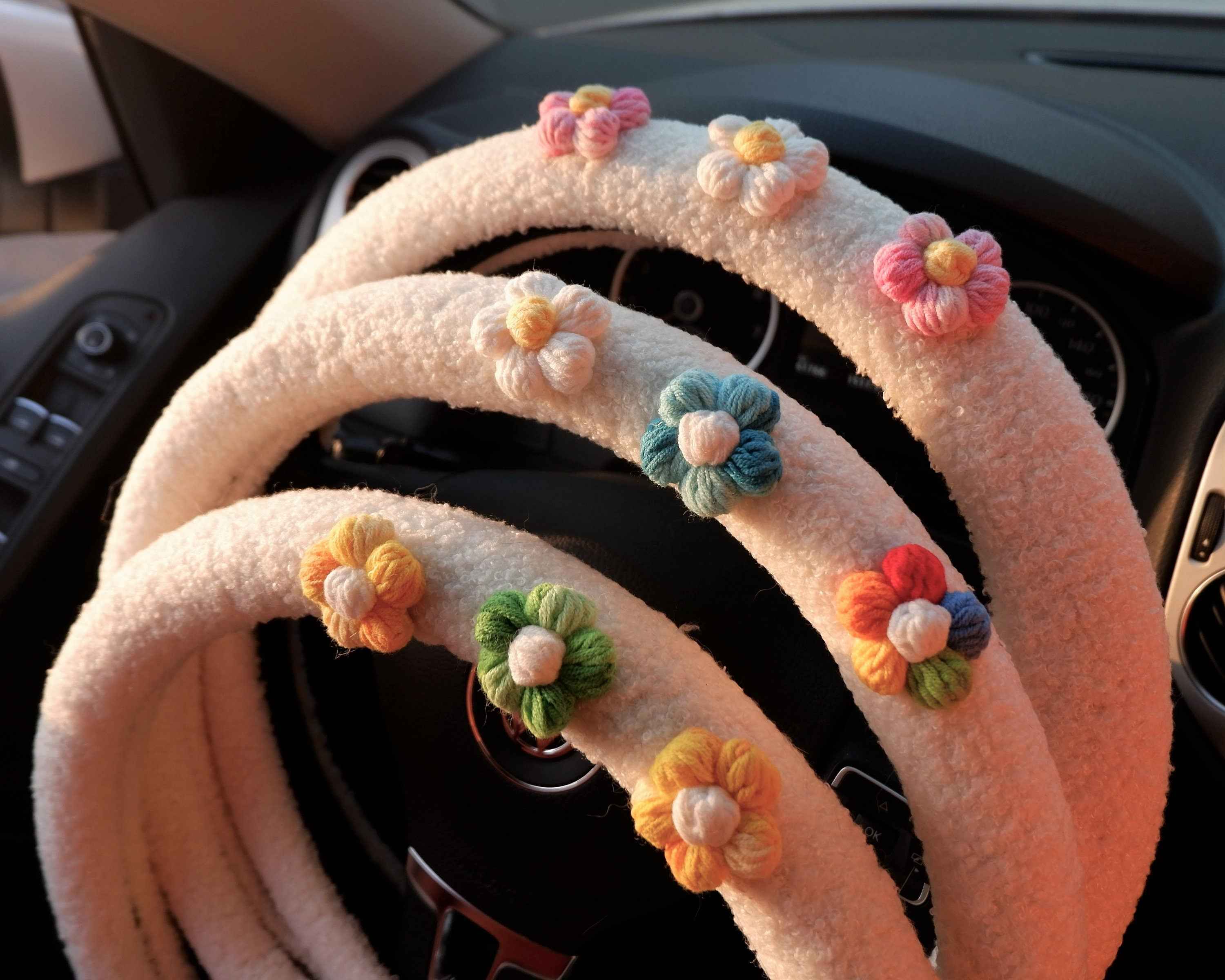 Crochet Steering Wheel Cover- Gradient Fluffy Flower
