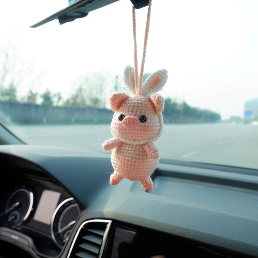 Car Mirror Hanging Accessories- Crochet Piggy with Bunny Ears