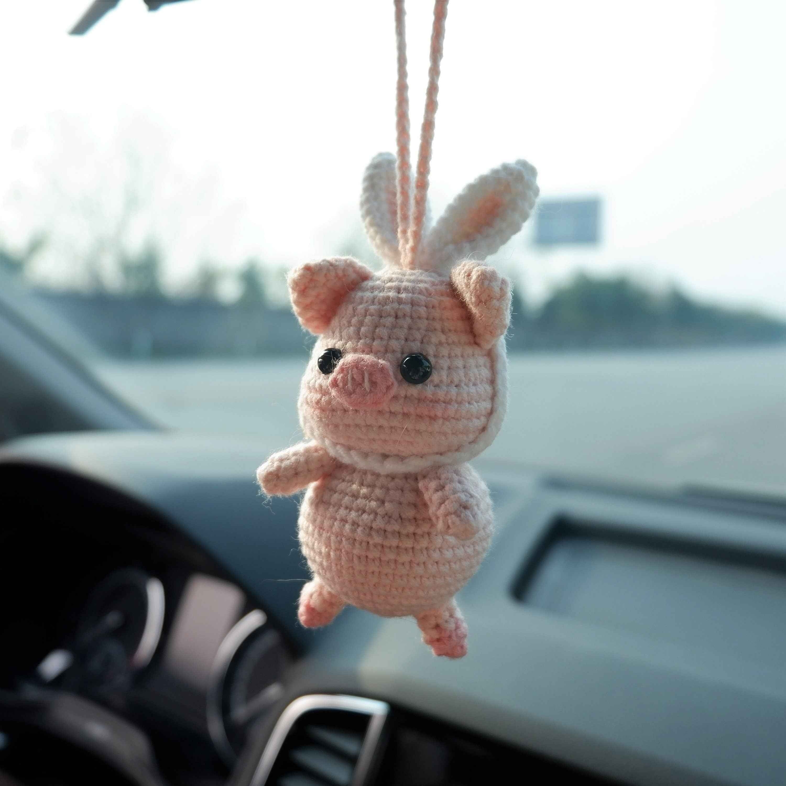 Car Mirror Hanging Accessories- Crochet Piggy with Bunny Ears