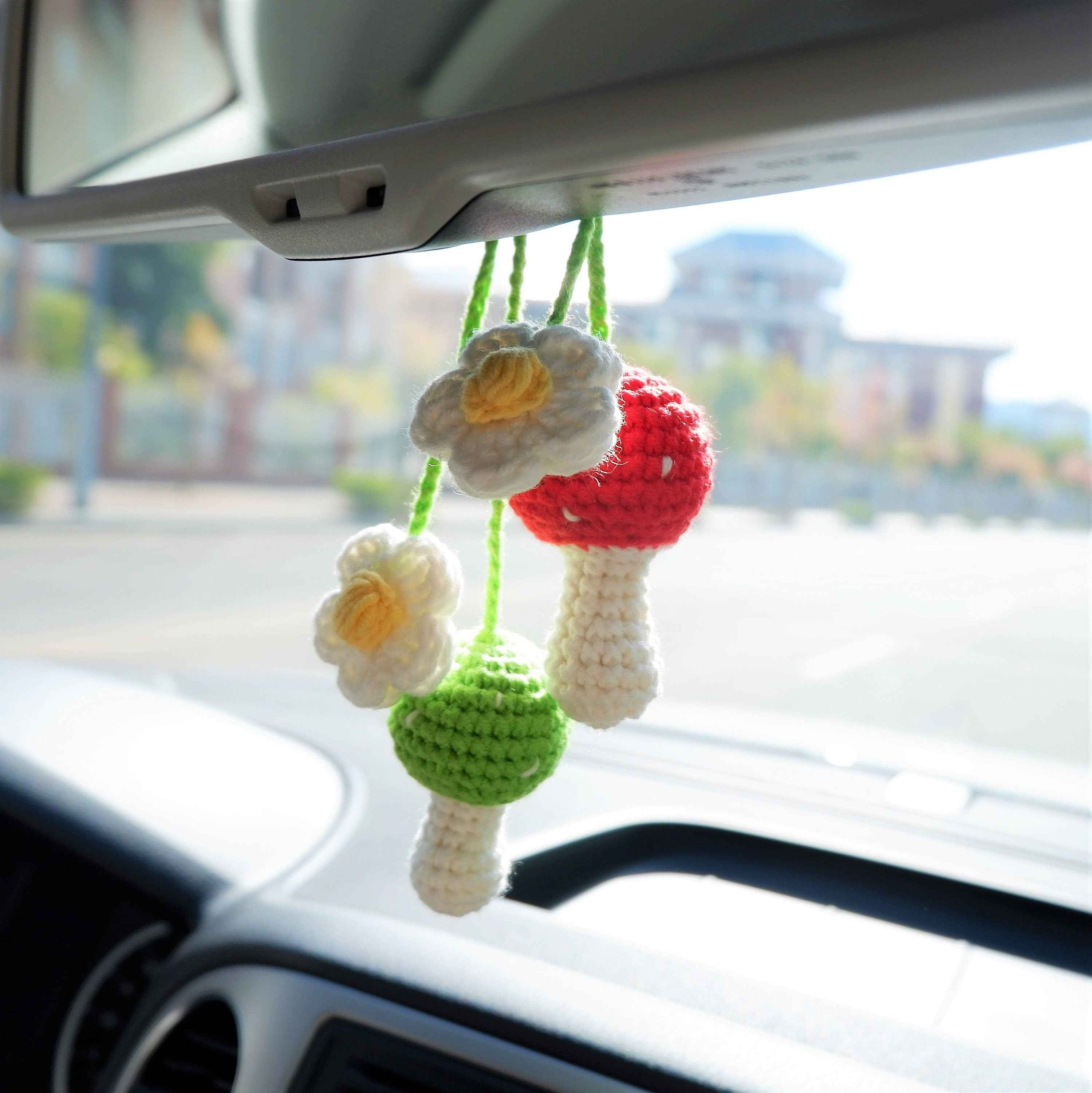 2Pcs Crochet Car Mirror Accessory- Mushroom & Daisy