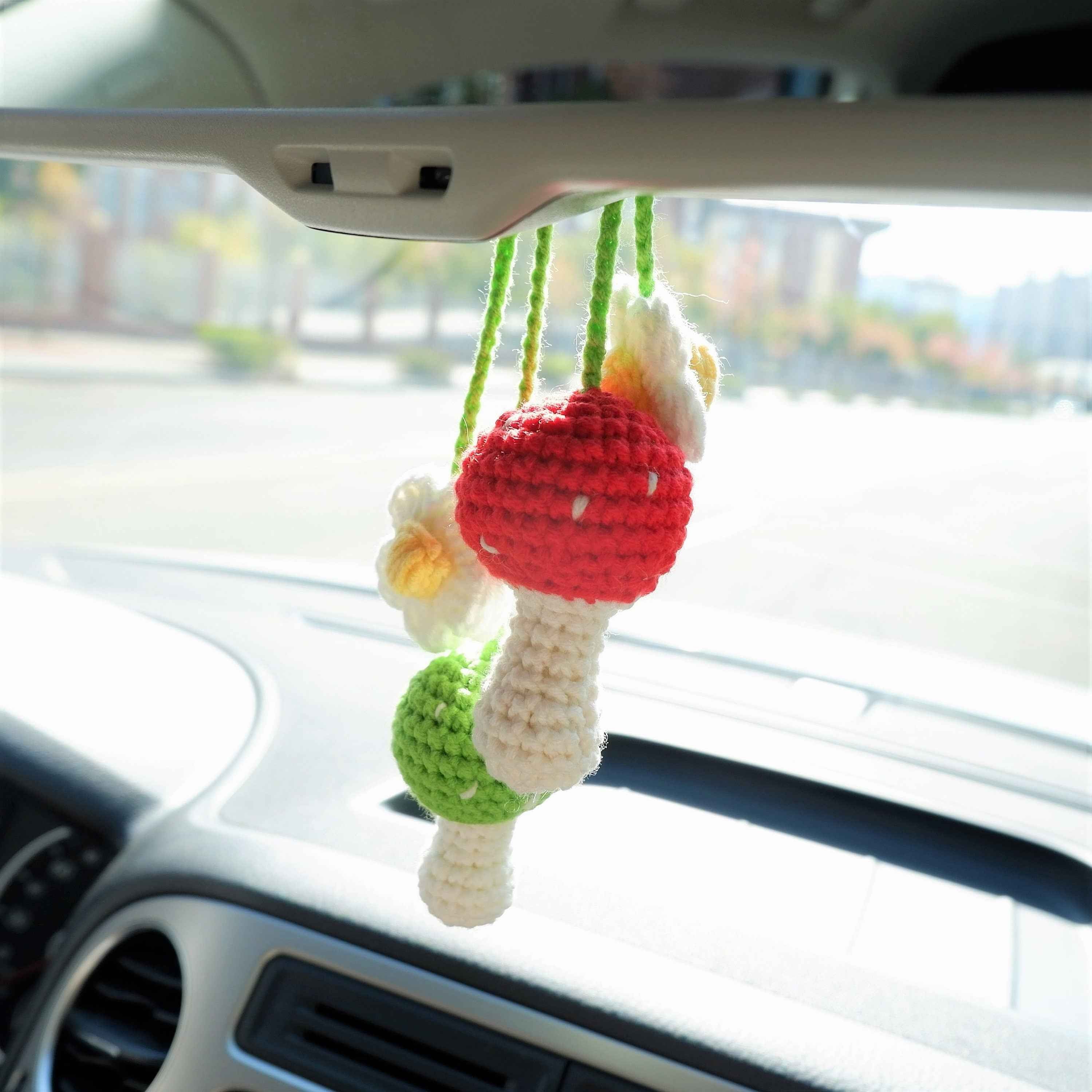 2Pcs Crochet Car Mirror Accessory- Mushroom & Daisy