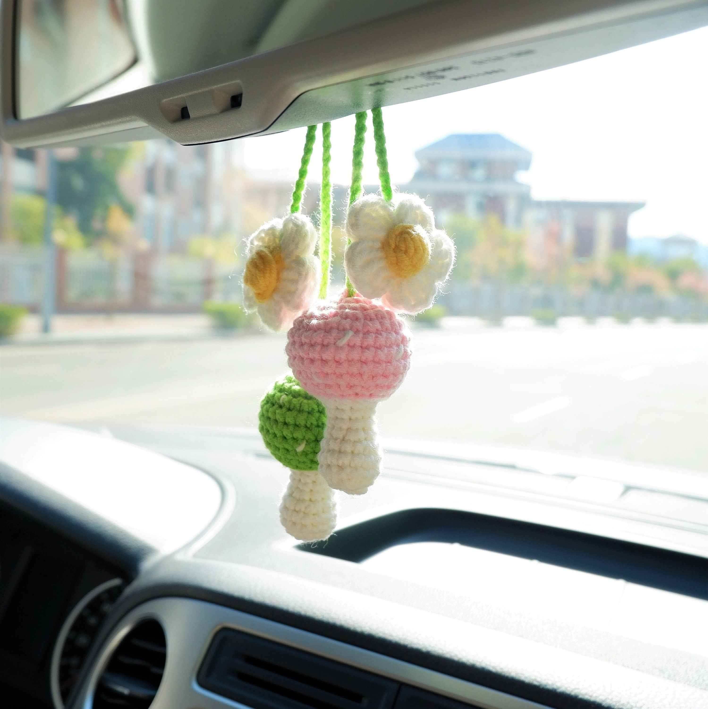 2Pcs Crochet Car Mirror Accessory- Mushroom & Daisy