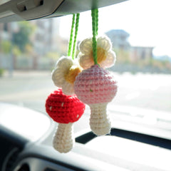 2Pcs Crochet Car Mirror Accessory- Mushroom & Daisy