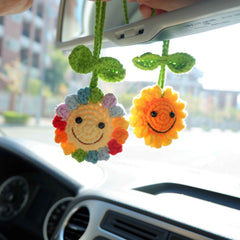 Crochet Car Mirror Accessory- Smiley Sunflower