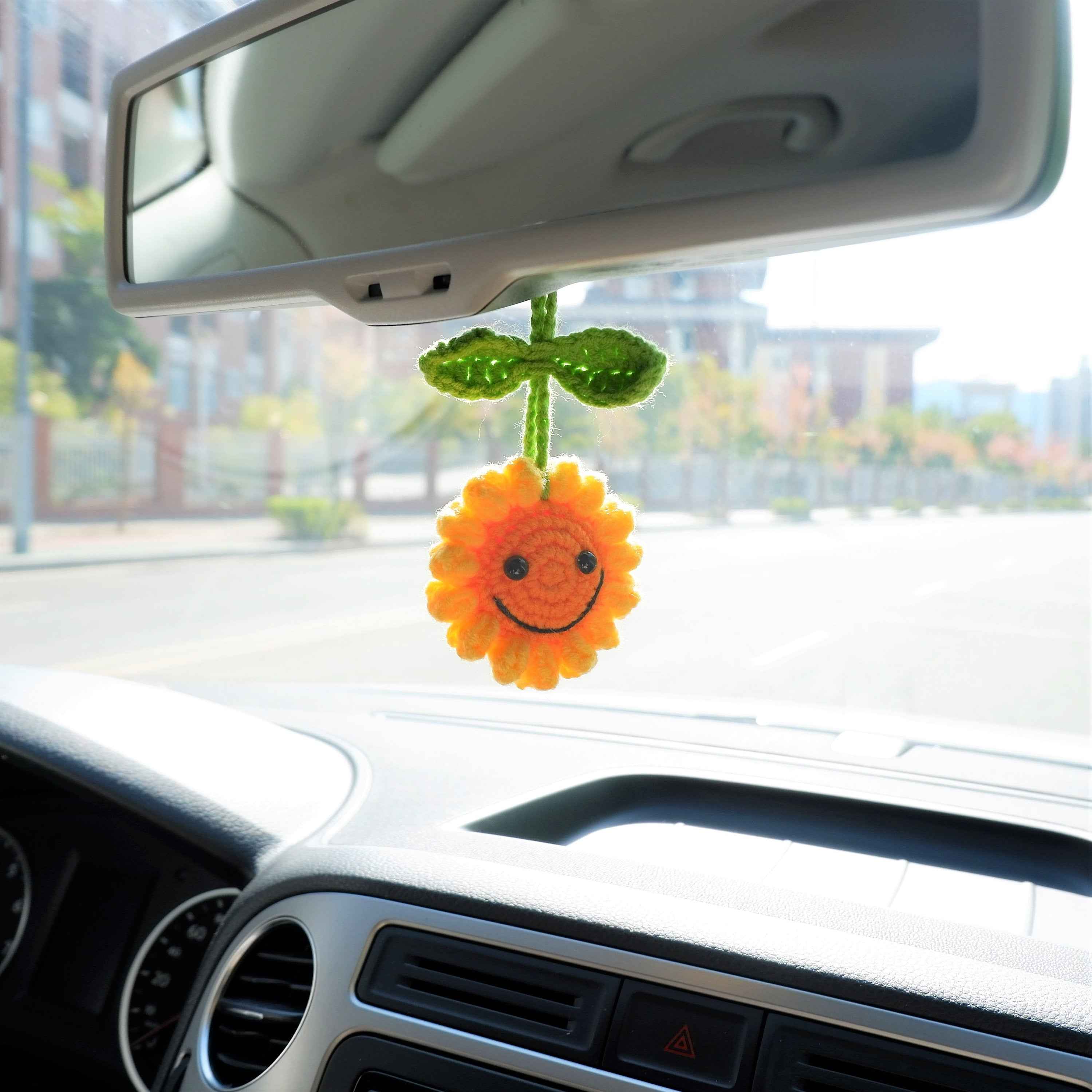 Crochet Car Mirror Accessory- Smiley Sunflower
