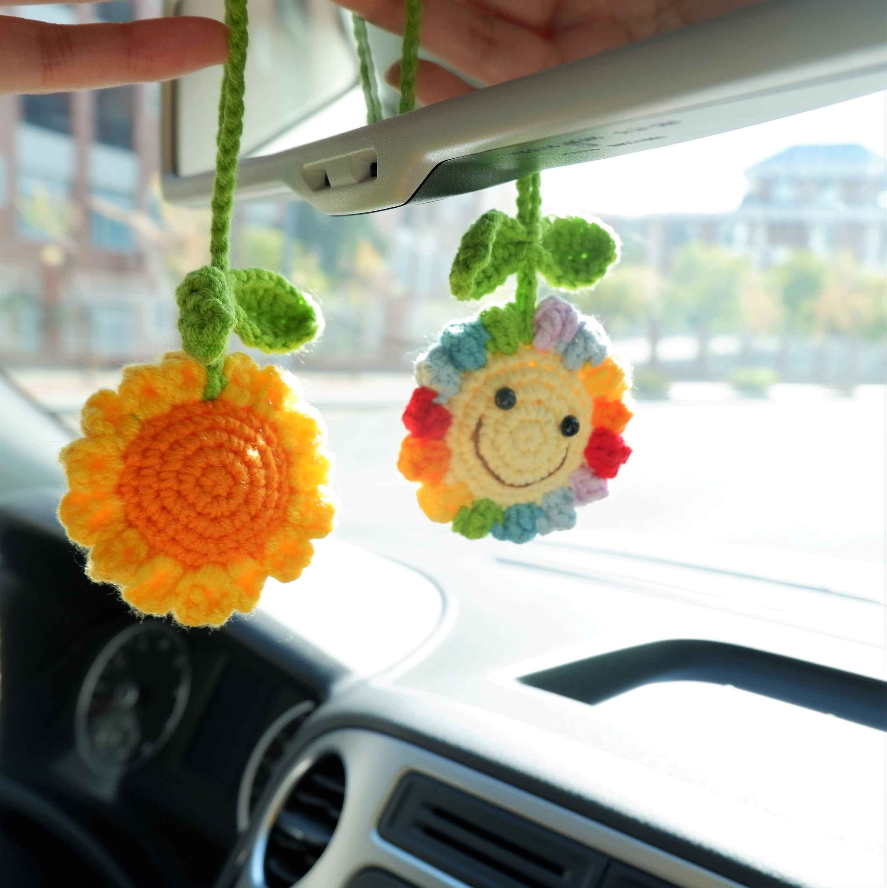 Crochet Car Mirror Accessory- Smiley Sunflower