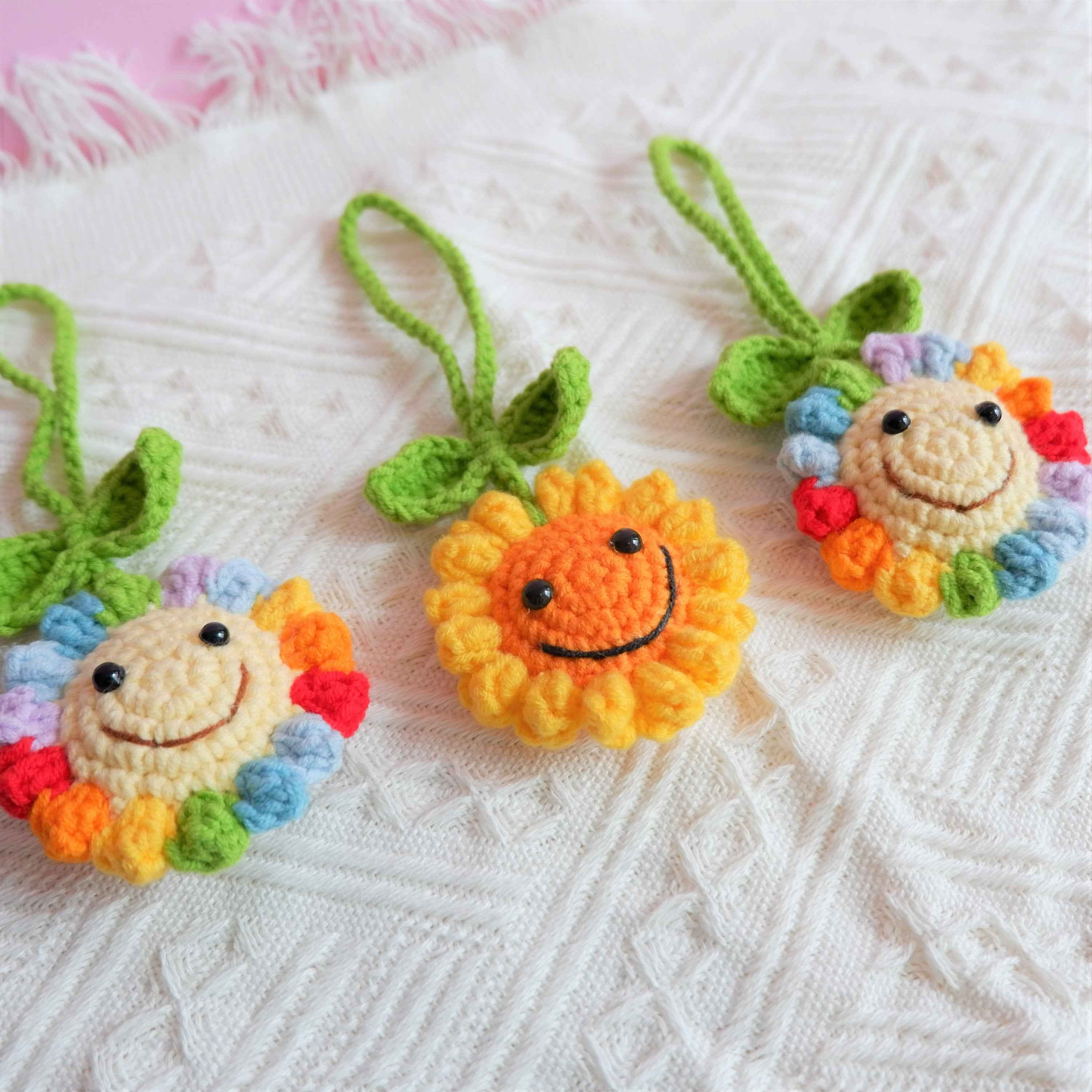 Crochet Car Mirror Accessory- Smiley Sunflower