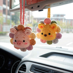 Car Mirror Hanging Charm- Crochet Rainbow Sunflower Bear/Piggy/Bunny