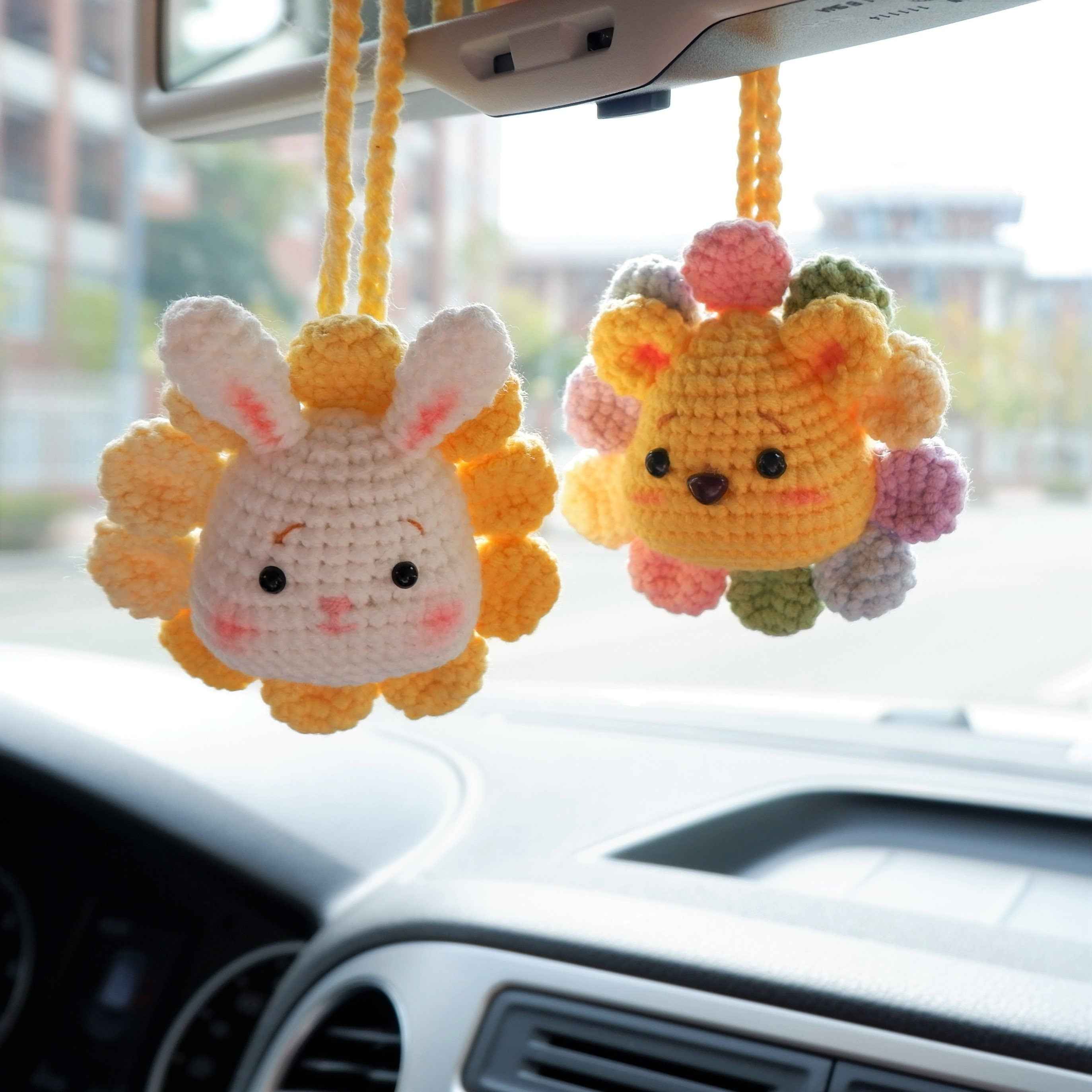 Car Mirror Hanging Charm- Crochet Rainbow Sunflower Bear/Piggy/Bunny