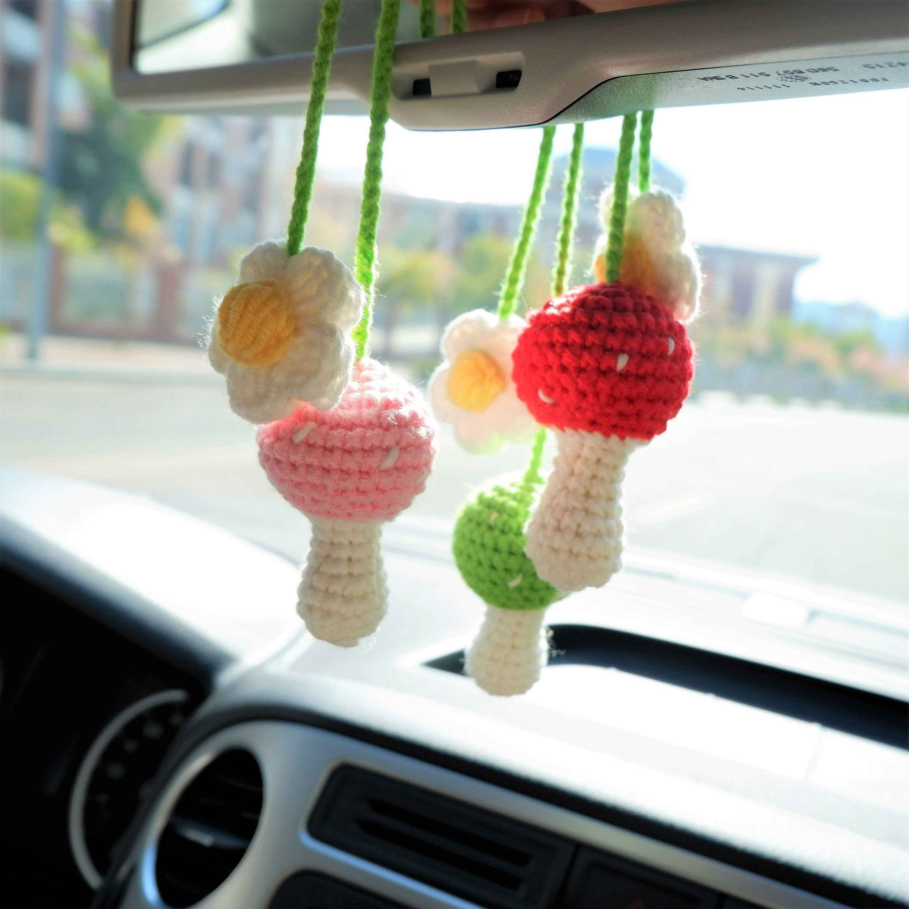 2Pcs Crochet Car Mirror Accessory- Mushroom & Daisy