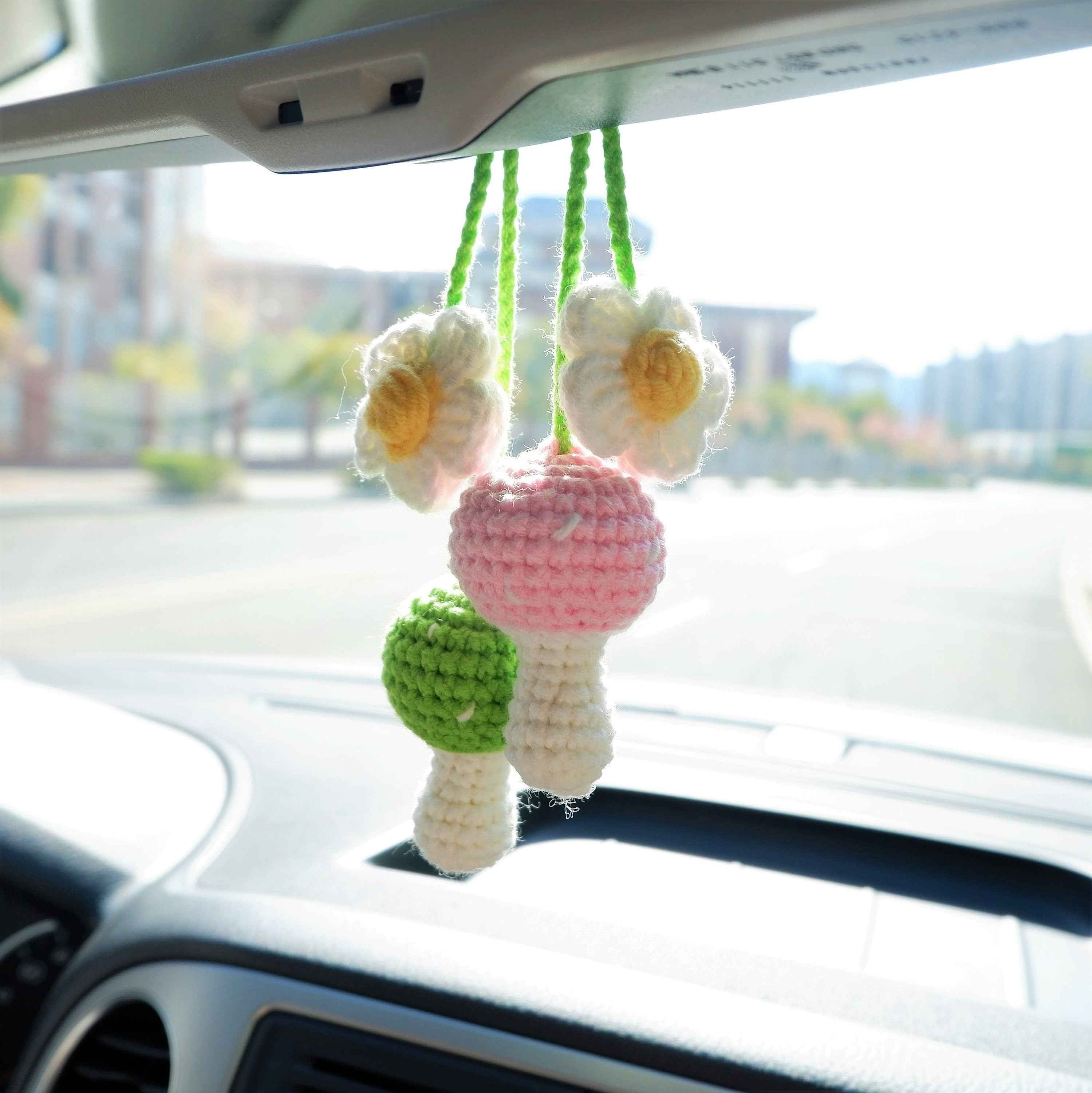 2Pcs Crochet Car Mirror Accessory- Mushroom & Daisy