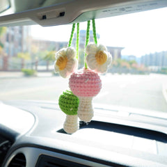 2Pcs Crochet Car Mirror Accessory- Mushroom & Daisy